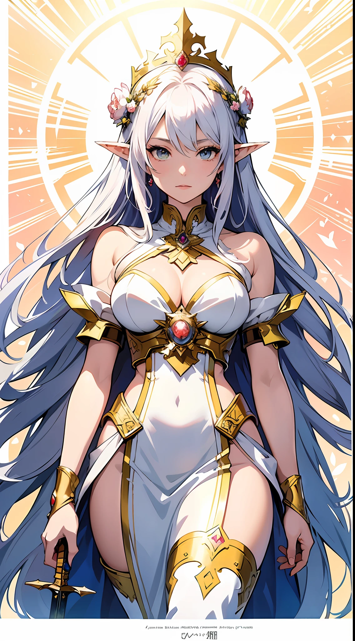 anime - style image of a woman in a white dress holding a sword, Anime goddess, ((a beautiful fantasy empress)), white-haired god, Goddess. Extremely high detail, a beautiful fantasy empress, Alphonse mucha and rossdraws, Kushatt Krenz Key Art Women, Goddess of the sun, beautiful and elegant elf queen, Anime fantasy illustration, goddess of nature