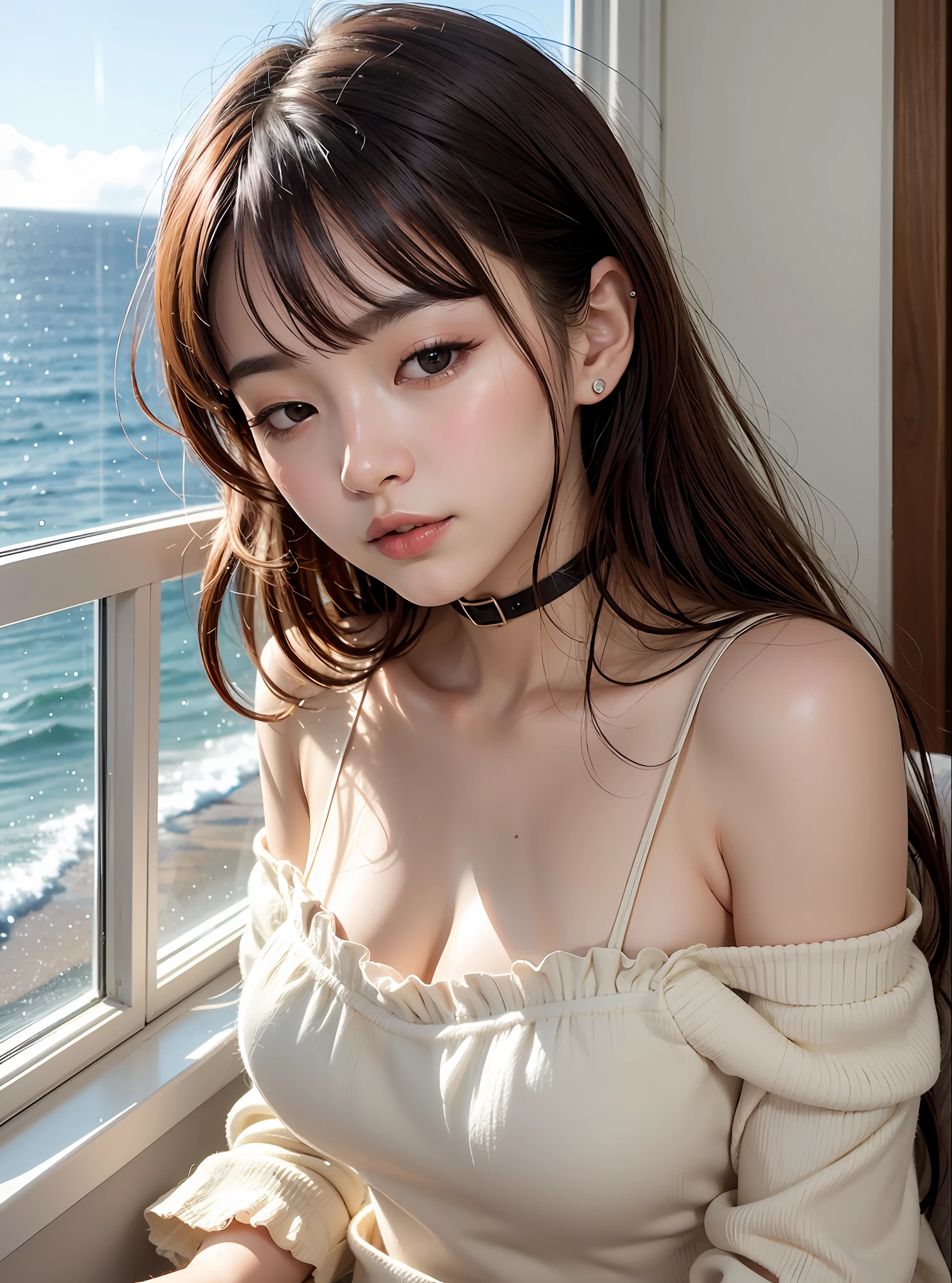 8K、Top image quality、masterpiece、夏天、25-years old、(1 adult female)、Off-the-shoulder dresses、by the window、ocean view、One_eye_Closed、Eyes shine deliciously、(Expressions that you can enjoy to the fullest)