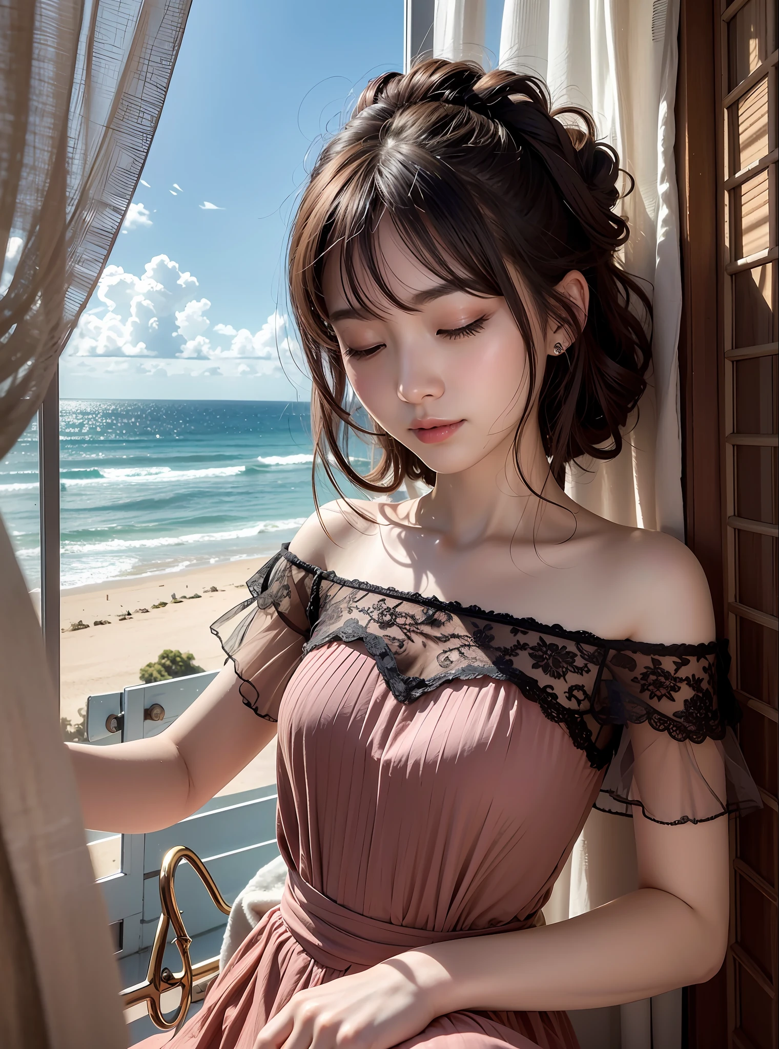 8K、Top image quality、masterpiece、夏天、25-years old、(1 adult female)、Off-the-shoulder dresses、by the window、ocean view、One_eye_Closed、Eyes shine deliciously、(Expressions that you can enjoy to the fullest)