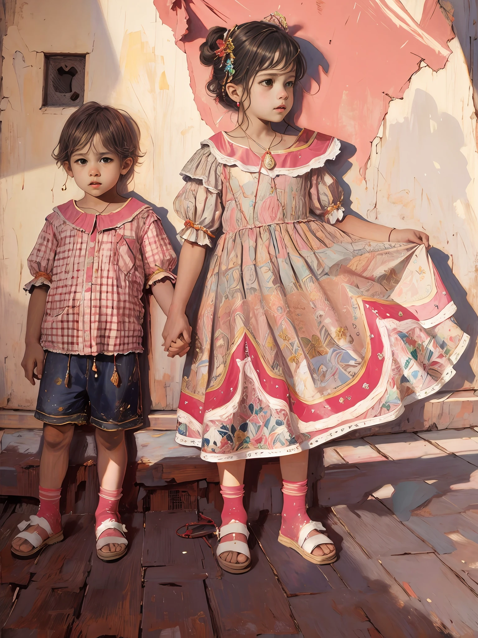 There are two ren standing next to each other holding hands, imagem antiga, childfriend, foto antiga, unaltered face, face original, face impressionantemente semelhante a original, faces and expressions do not change, imagem incrivelmente parecida a original, bochechas gordinhas, bochechas levemente gordinhas, menino de xadrez e menina de vestid John's Clothing, quadrilha junina, siblings, quatro anos, artista desconheo, foto de estilo antigo, hystorical painting, unknown location, foto colorida antiga, fotografia antiga, childhood memory, fotograntiga DE 1988, 80s, , foto do perfil, usando um vestido maravilhoso, Fotografia tirada em 1988, extremely detailed lighting, Lighting rich in shadow and light details, Cinematic lighting, Lighting creates a realistic perspective, imagem ultra realista, Realidade de imagem impressionante, Detalhes extremamente realistas, 8k, 16k, ultra impressionante, extremely detailed scenario, detalhes impressionantes, Imagem rica em detalhes, Typical dressings of northeastern Brazil, Friendly, Colorir, Realistic, Primary works, qualidade superior, best quality, Arte Oficial, Beautiful and Aesthetic, obra-prima, alta qualidade, olhando para o espectador, Illumination of masters, (O estilo de Rembrandt): 1.2, Dramatic Chiaroscuro, cores ricas, atmospheric depth, masterful technique