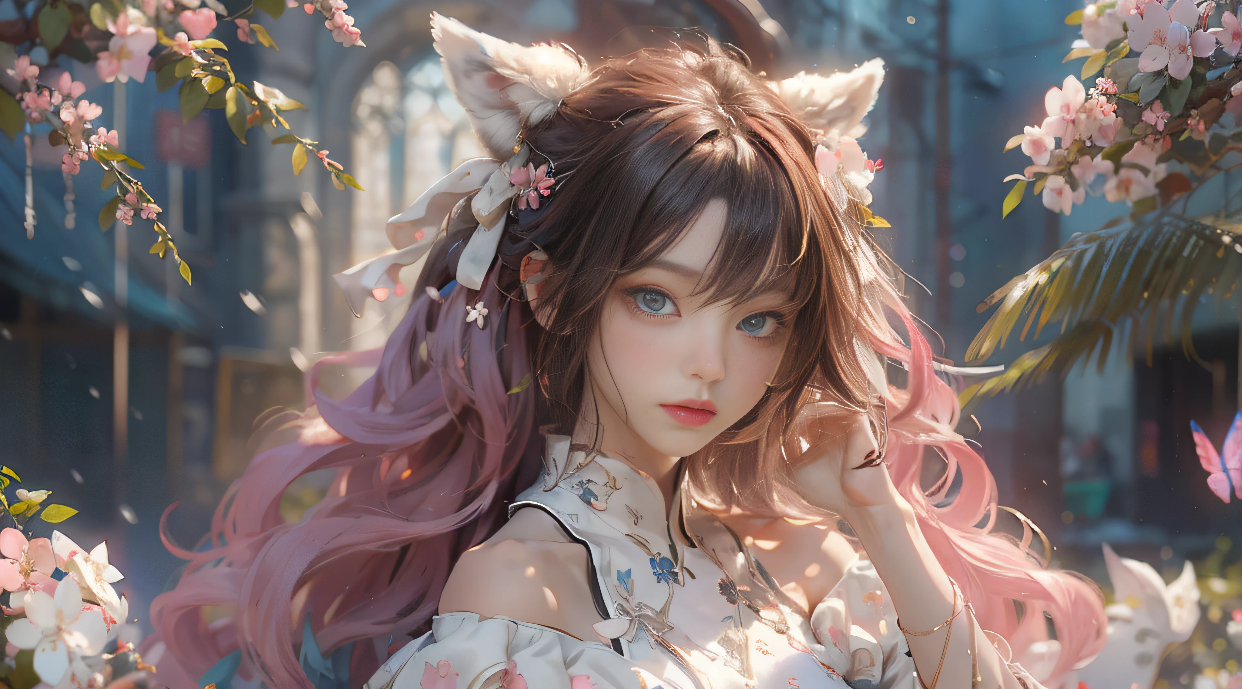 ((best qualtiy)), ((tmasterpiece)), (detail:1.4), Beautiful cyberpunk female images,hdr(HighDynamicRange),Ray traching,NVIDIA RTX,Hyper-Resolution,illusory 5,sub surface scattering,PBR textures,post-proces,Anisotropy Filtering,depth of fields,maximum definition and sharpness,Many-Layer Textures,Albedo e mapas Speculares,Surface coloring,Mitsu-Accurate simulation of material interactions,perfectly proportioned,rendering by octane,Two-colored light,largeaperture,Low ISO,White balance,Rule three points、8K raw data、Beautiful bright blue pupils,off-the-shoulder clothes,Fine pupils,Delicate face and eyes,long eyelasher,Blushlush,Delicate and fluffy hair,pink lip,Pure,Cute face,Sweet girl,Artistic sense,Casual wear,Advancedsense,butterflys,Cherry blossom petal,Beautiful hair accessories,Long hair and waist,Hair fluttering in the wind,Snow-white fox ears,curlies