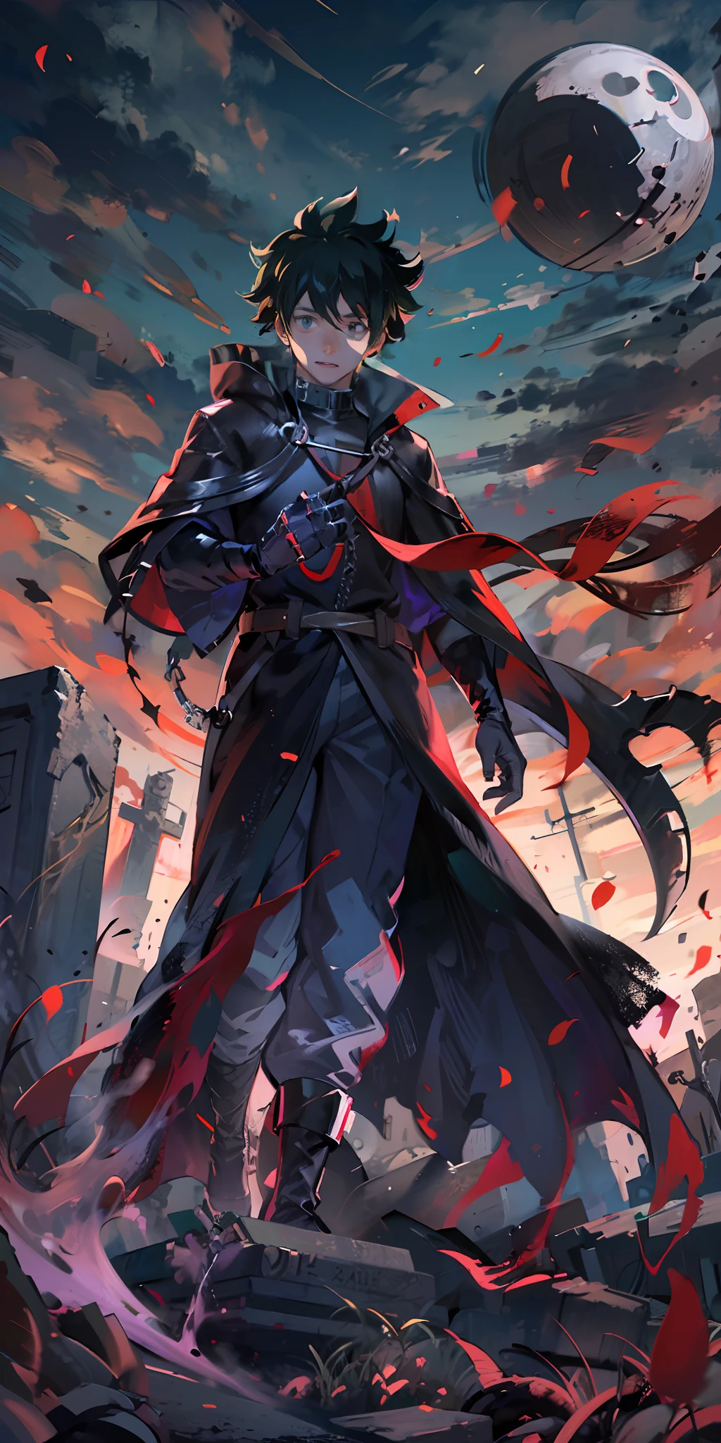 Izuku Midoriya, with a menacing appearance, stands confidently on a hill of gravestones, donned in a dark robe and a plague doctor's mask. His grip tightens around a scythe in one hand, while in the other, he holds a crimson moon, radiating an eerie glow