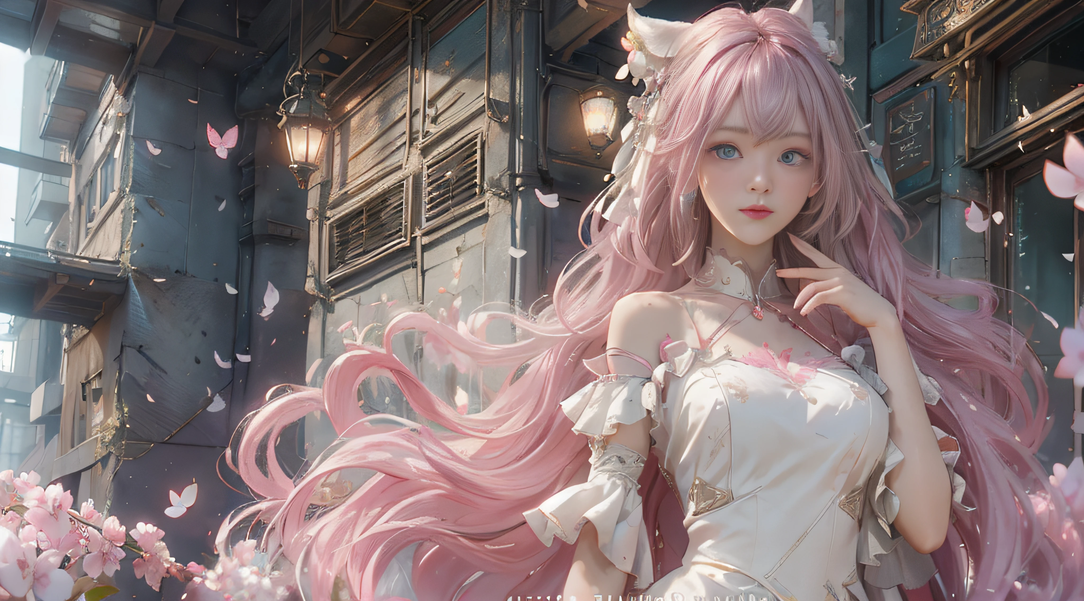 ((best qualtiy)), ((tmasterpiece)), (detail:1.4), Beautiful cyberpunk female images,hdr(HighDynamicRange),Ray traching,NVIDIA RTX,Hyper-Resolution,illusory 5,sub surface scattering,PBR textures,post-proces,Anisotropy Filtering,depth of fields,maximum definition and sharpness,Many-Layer Textures,Albedo e mapas Speculares,Surface coloring,Mitsu-Accurate simulation of material interactions,perfectly proportioned,rendering by octane,Two-colored light,largeaperture,Low ISO,White balance,Rule three points、8K raw data、Beautiful bright blue pupils,off-the-shoulder clothes,Fine pupils,Delicate face and eyes,long eyelasher,Blushlush,Delicate and fluffy hair,pink lip,Pure,Cute face,Sweet girl,Artistic sense,Casual wear,Advancedsense,butterflys,Cherry blossom petal,Beautiful hair accessories,Long hair and waist,Hair fluttering in the wind,Snow-white fox ears,curlies