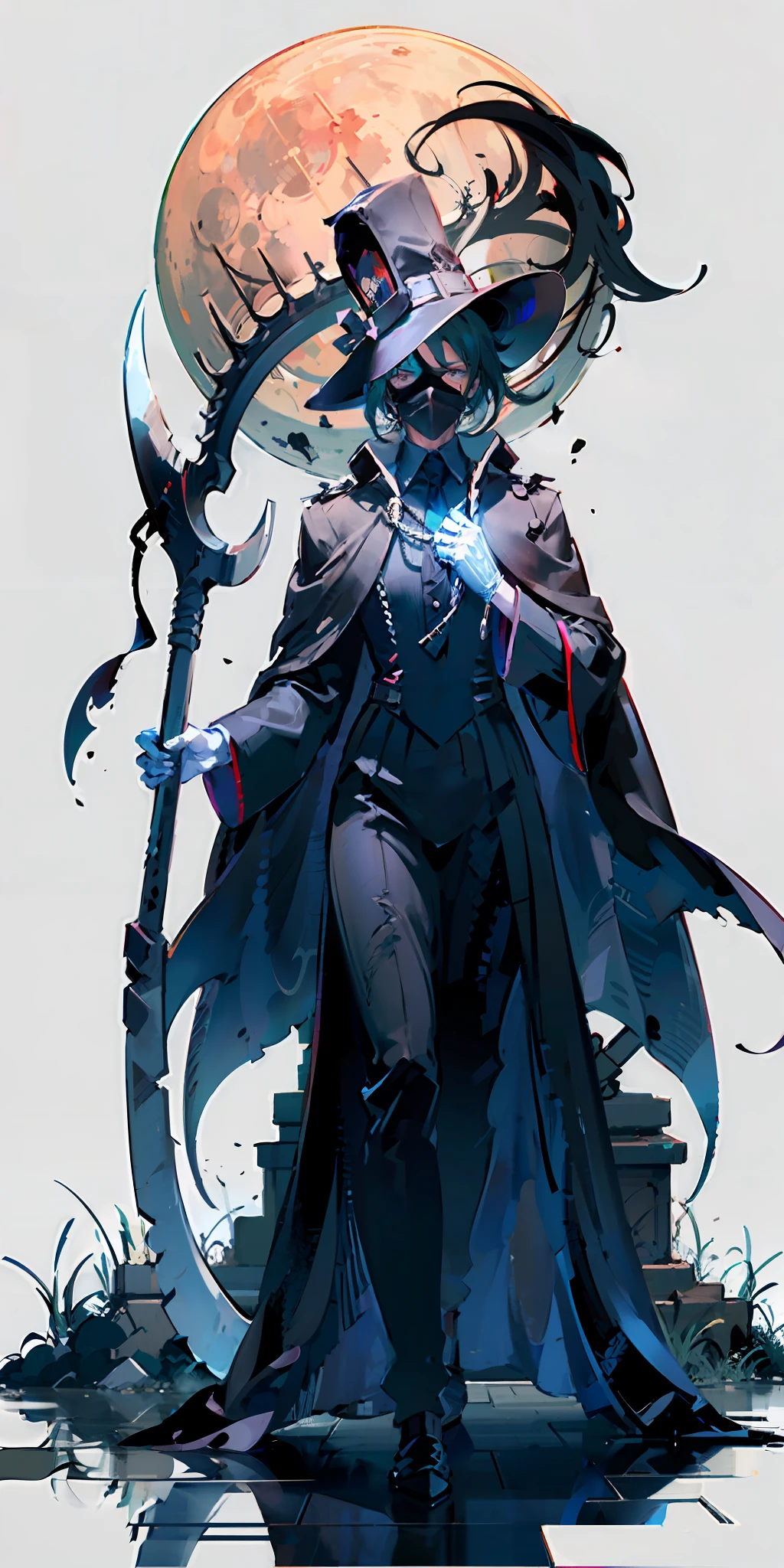 Izuku Midoriya, with a menacing appearance, stands confidently on a hill of gravestones, donned in a dark robe and a plague doctor's mask. His grip tightens around a scythe in one hand, while in the other, he holds a crimson moon, radiating an eerie glow