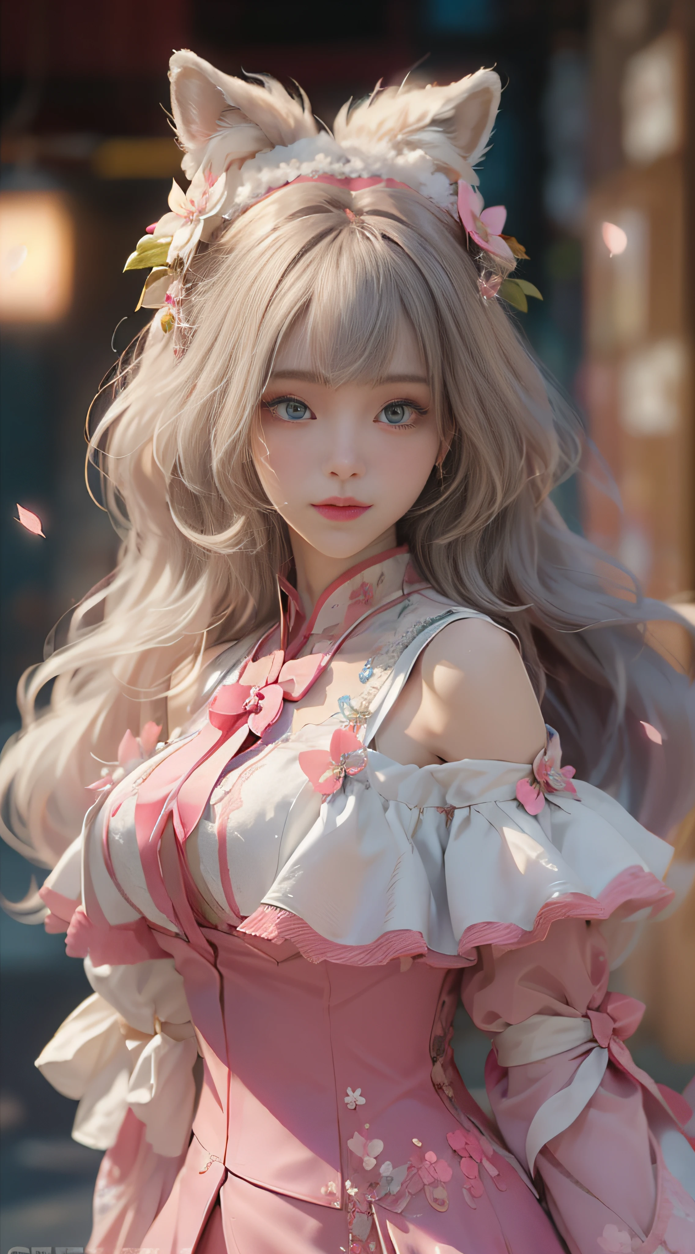 ((best qualtiy)), ((tmasterpiece)), (detail:1.4), Beautiful cyberpunk female images,hdr(HighDynamicRange),Ray traching,NVIDIA RTX,Hyper-Resolution,illusory 5,sub surface scattering,PBR textures,post-proces,Anisotropy Filtering,depth of fields,maximum definition and sharpness,Many-Layer Textures,Albedo e mapas Speculares,Surface coloring,Mitsu-Accurate simulation of material interactions,perfectly proportioned,rendering by octane,Two-colored light,largeaperture,Low ISO,White balance,Rule three points、8K raw data、Beautiful bright blue pupils,off-the-shoulder clothes,Fine pupils,Delicate face and eyes,long eyelasher,Blushlush,Delicate and fluffy hair,pink lip,Pure,Cute face,Sweet girl,Artistic sense,Casual wear,Advancedsense,butterflys,Cherry blossom petal,Beautiful hair accessories,Long hair and waist,Hair fluttering in the wind,Snow-white fox ears,curlies,Snow-white fluffy tail