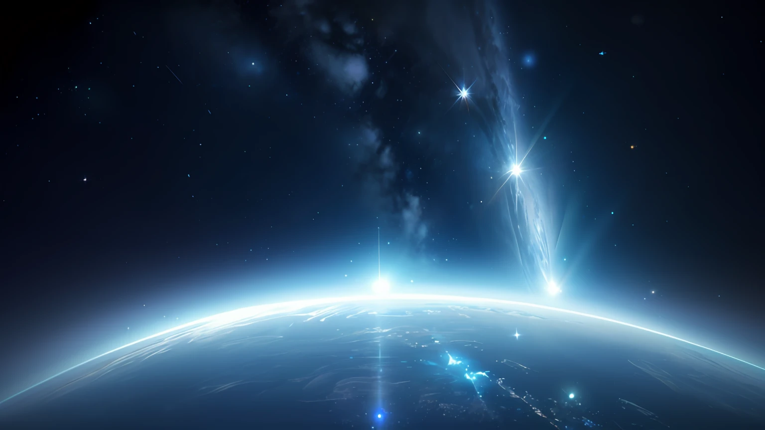 a close up of a view of the earth with a bright light shining from the top, cosmic atmosphere light flares, planet in space over the horizon, beautiful space star planet, glowing light atmosphere, interstellar space setting, space atmosphere, space photo, space backround, outer space environment, star shining in space, background in space, space sky, planet and stars