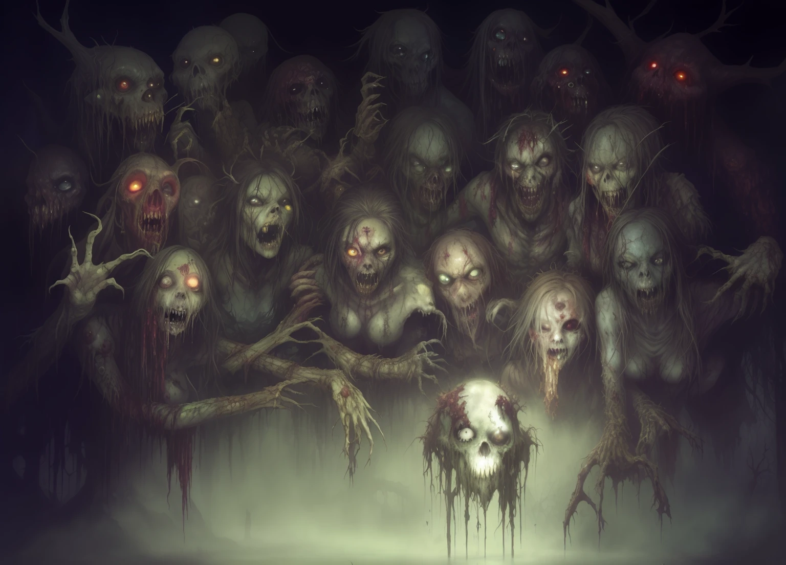 arafed image of a group of zombies in a swamp, macabre art, detailed 4k horror artwork, horror concept art, horror fantasy art, pushead art, dark fantasy horror art, fantasy horror art, dug stanat macabre art, creepy!!, nightmarish illustration, elegant horror artwork, horror illustration, horror artwork, horror painting, creepy!!!