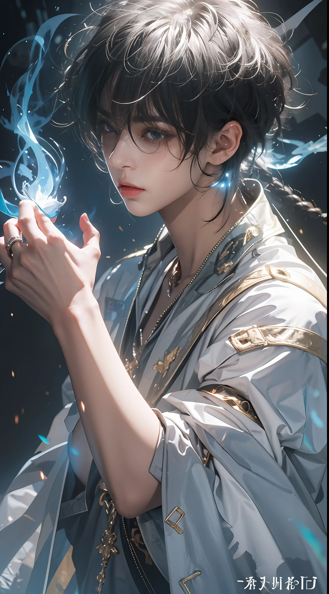 A high resolution，high detal，8K，（A boy:1.9），Handsome face，Black gauze covers the eyes，Swaying in the wind，Silvery-white short and medium hair standing on end，A gifted spell master，Black and white spell master set，Place two fingers on your chest with one hand，Sealing spells，Blue flame effect in the sealed position，A black, The red-eyed raven leaned on the boy's shoulder，The is very detailed，Ultra-high sharpness，Thick coating，