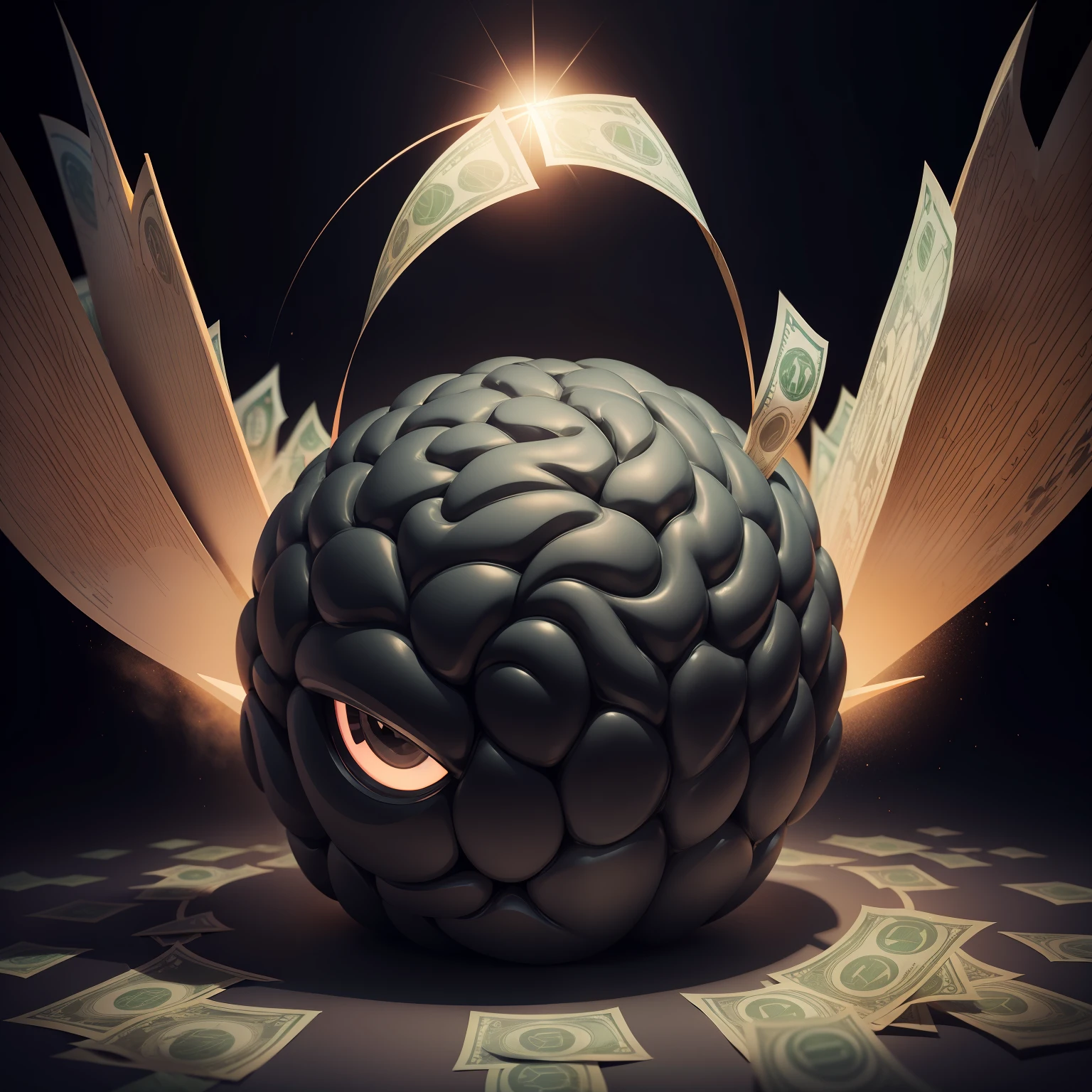 Money on black brain shape background