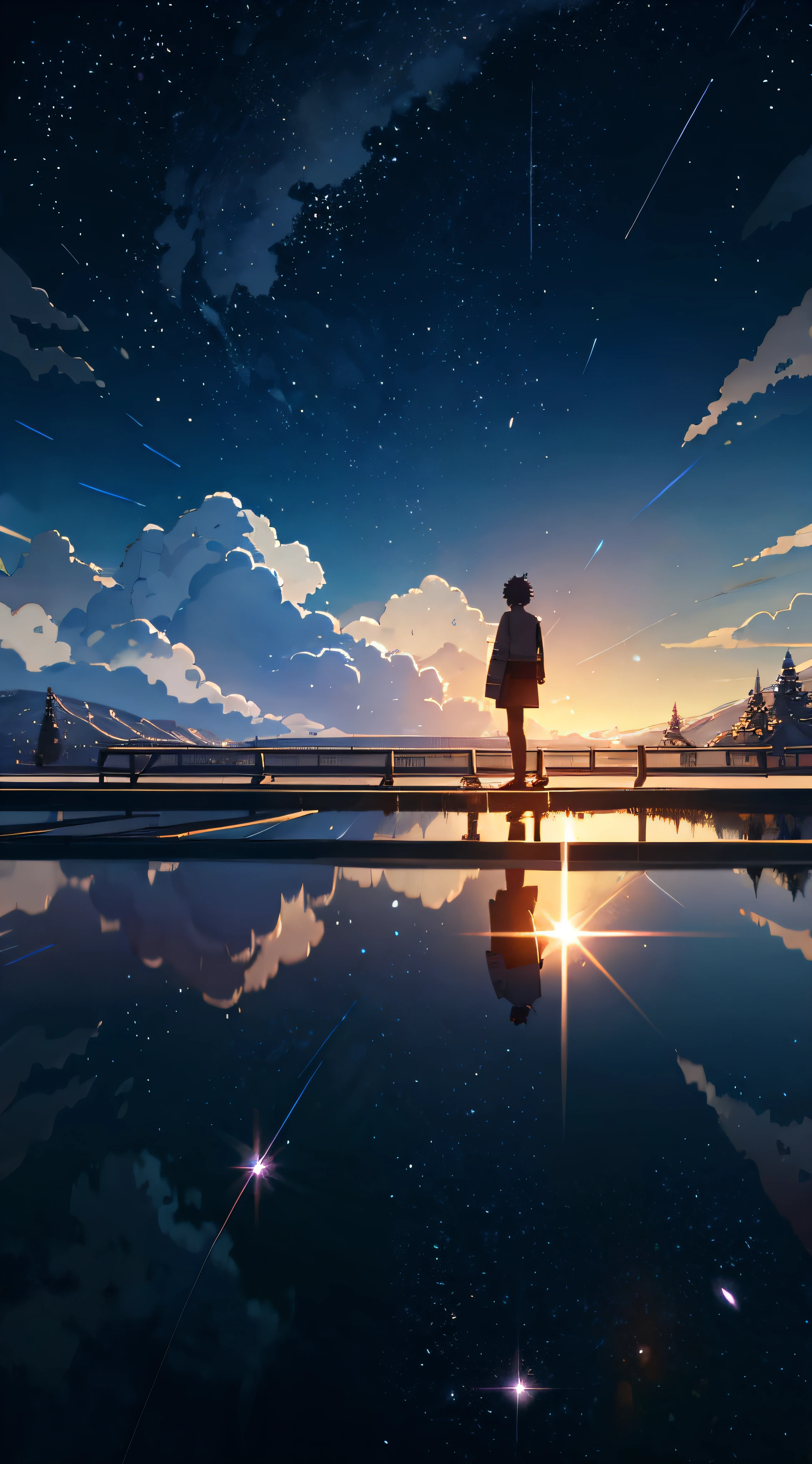High quality masterpiece, landscape, anime train passing through bodies of water on tracks, bright starry sky. Romantic train, pixiv, concept art, lofi art style, reflection. by Makoto Shinkai, lofi art, Beautiful anime scene, Anime landscape, detailed scenery —width 672, in style of Makoto shinkai, style of Makoto shinkai, enhanced details.