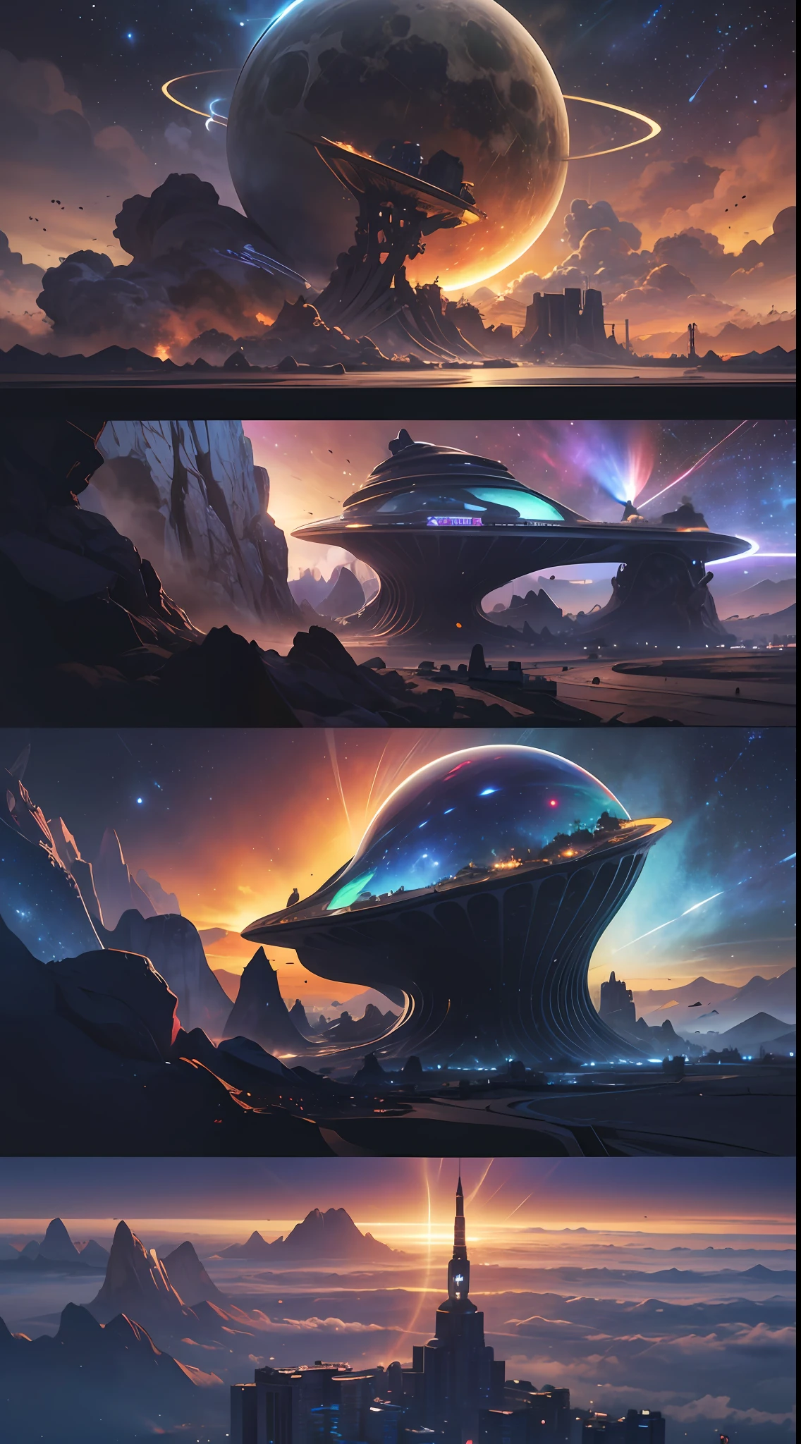 A vast universe and planets of the future, no humans, no animals, fantasy planets, machine planets, streaks of flying meteors, X-rays, Gamma rays, expanding solar storms, futuristic spacecraft, digital Realistic, Highest resolution images, highest quality, super detailed, 8k quality, galaxy world, space, Future planets, galaxies, ((no living things: 1.8)), ((place cyberpunk 2077:0.8)),