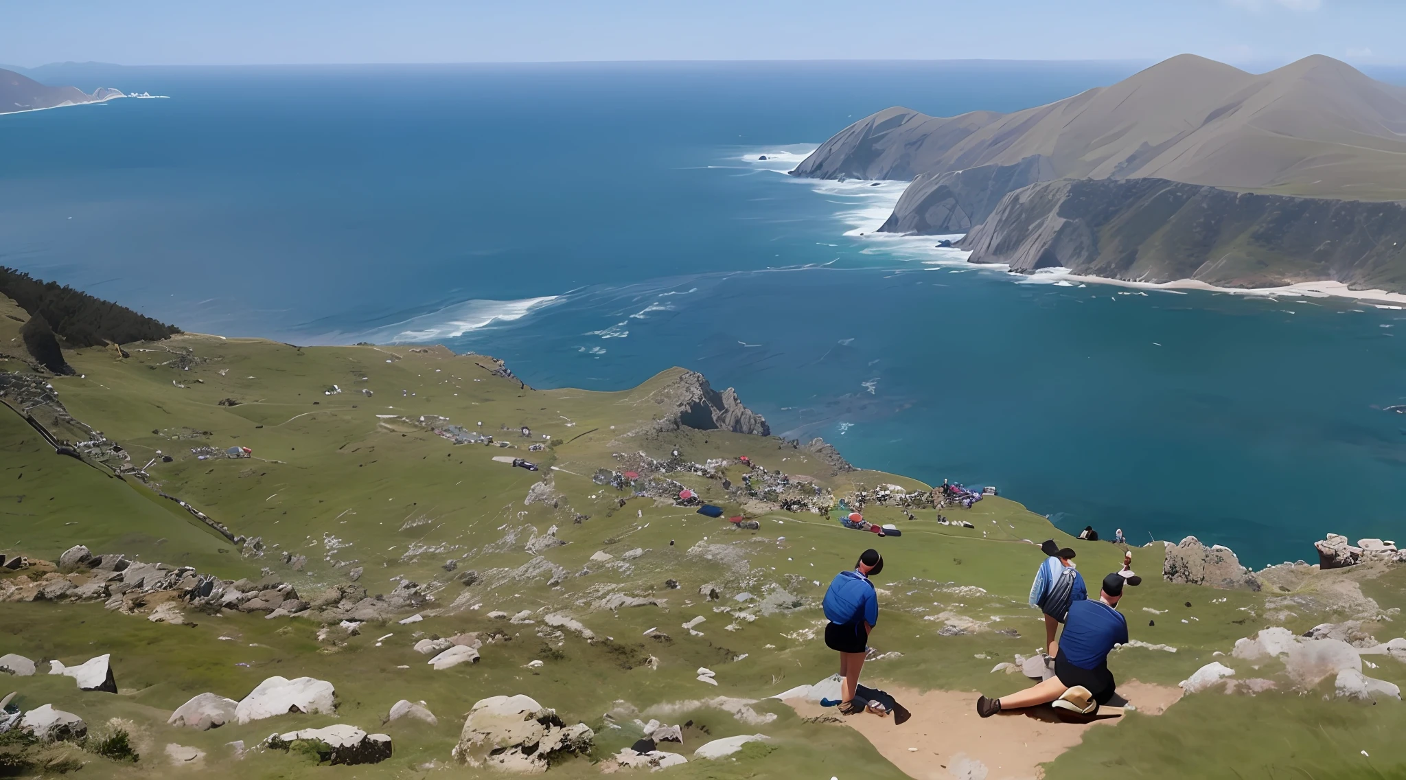 People are sitting on the grass on a hill overlooking the ocean, round about to start, breath-taking, Directed by: John Wilson, Directed by: Edward Corbett, Inspirador, Directed by: Charlotte Harding, Directed by: John Murdoch, olhando parcialmente para a esquerda, Colinas e Oceano, panning shot, long view, vista, cabo, Directed by: Robert Brackman, new zealand, levemente liso, vista deslumbrante