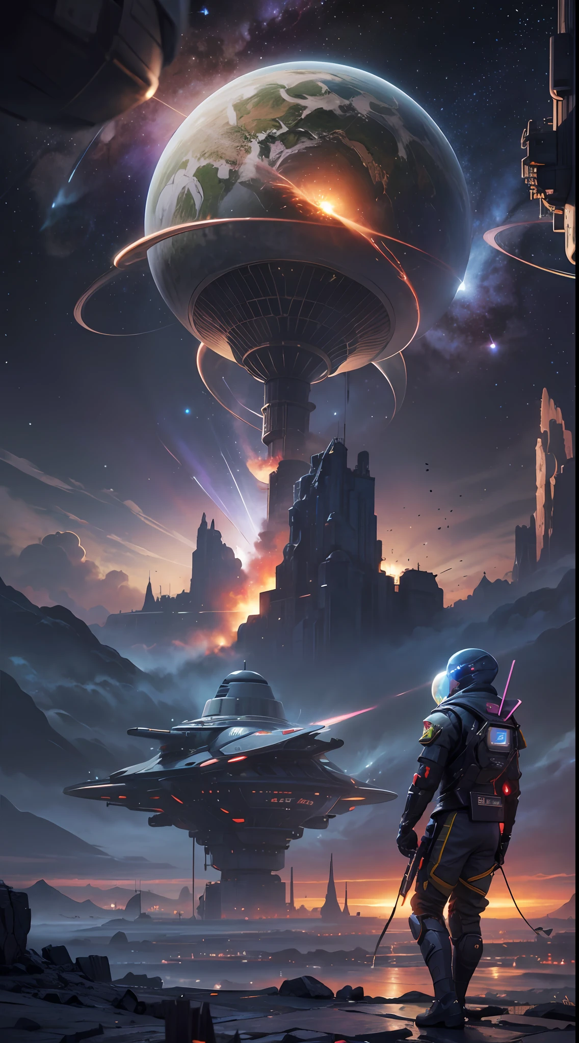 A vast universe and planets of the future, no humans, no animals, fantasy planets, machine planets, streaks of flying meteors, X-rays, Gamma rays, expanding solar storms, futuristic spacecraft, digital Realistic, Highest resolution images, highest quality, super detailed, 8k quality, galaxy world, space, Future planets, galaxies, ((no living things: 1.8)), ((place cyberpunk 2077:0.8)),