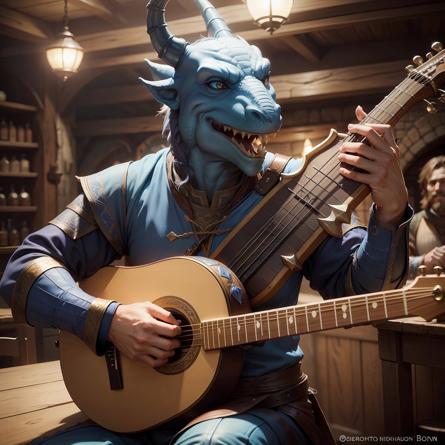A blue Dragonborn bard happily playing a lute in a fantasy tavern.