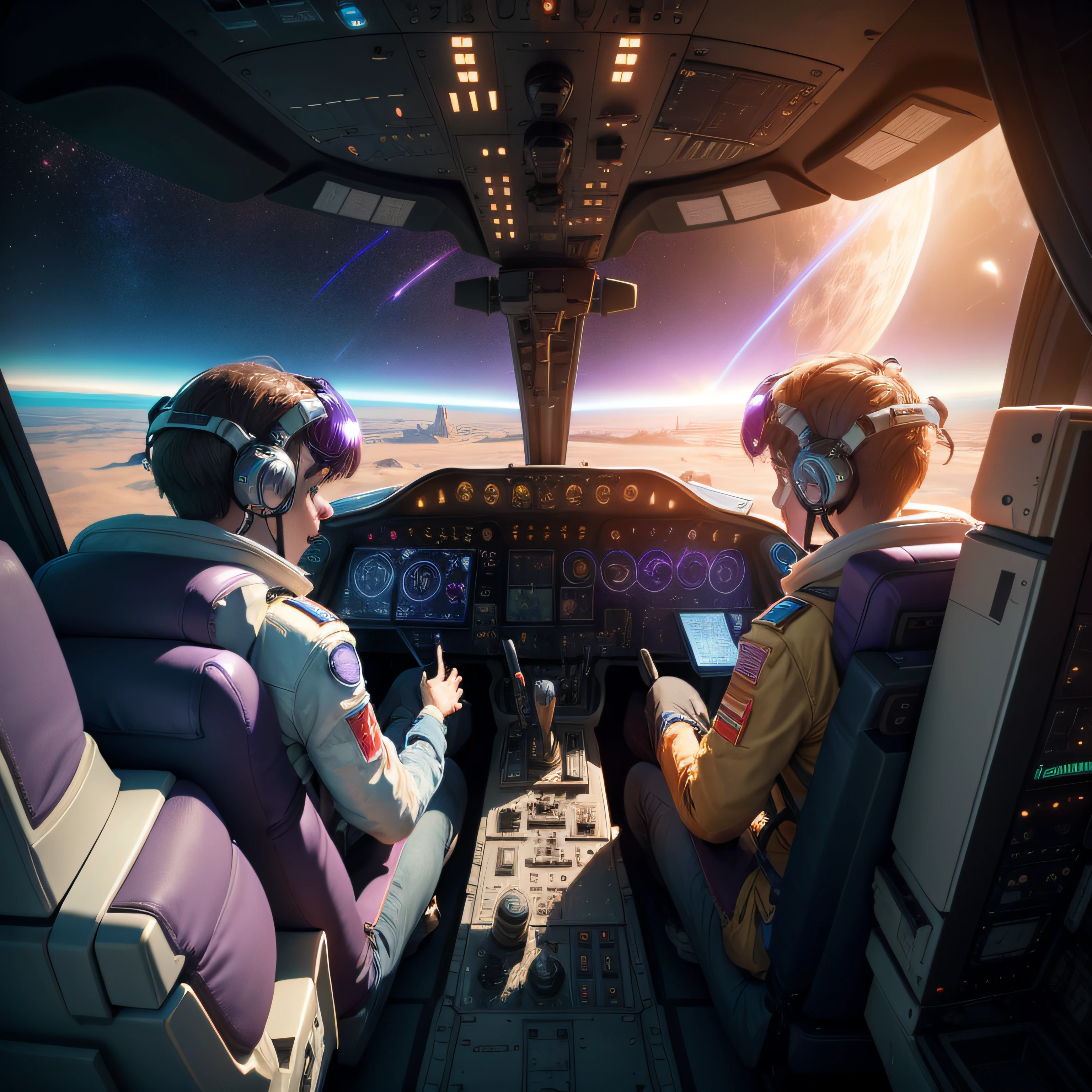 Realistic image of a spacecraft cockpit where a couple of pilosts are showing the digital and analog control panels on a intergalactic trip where you can see a beautiful purple planet through the window