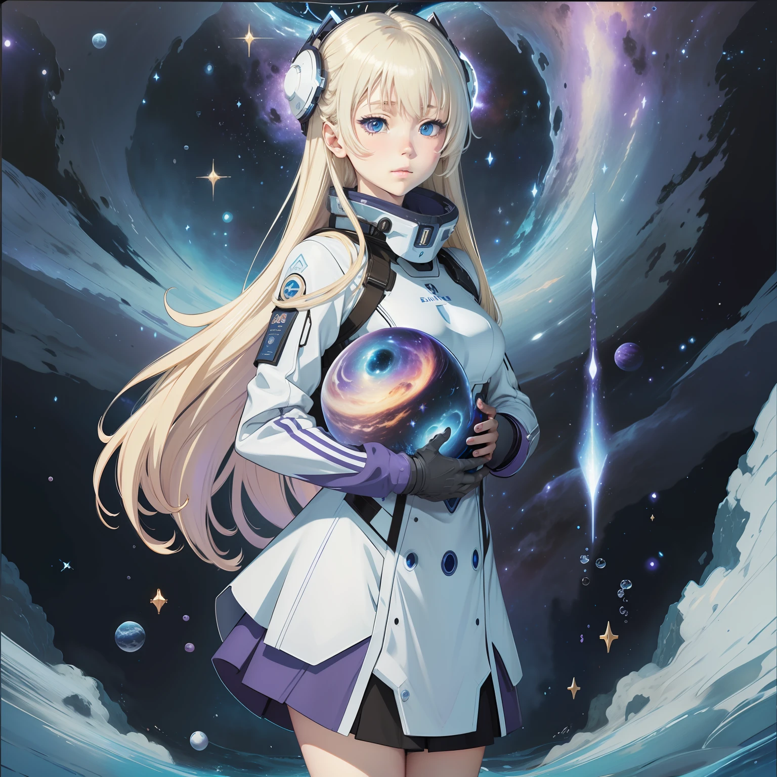 Light blonde haired anime girl with pale bluish violet colored eyes in an aquarium of blue planets,stars galaxies, nebulas standing alone by herself