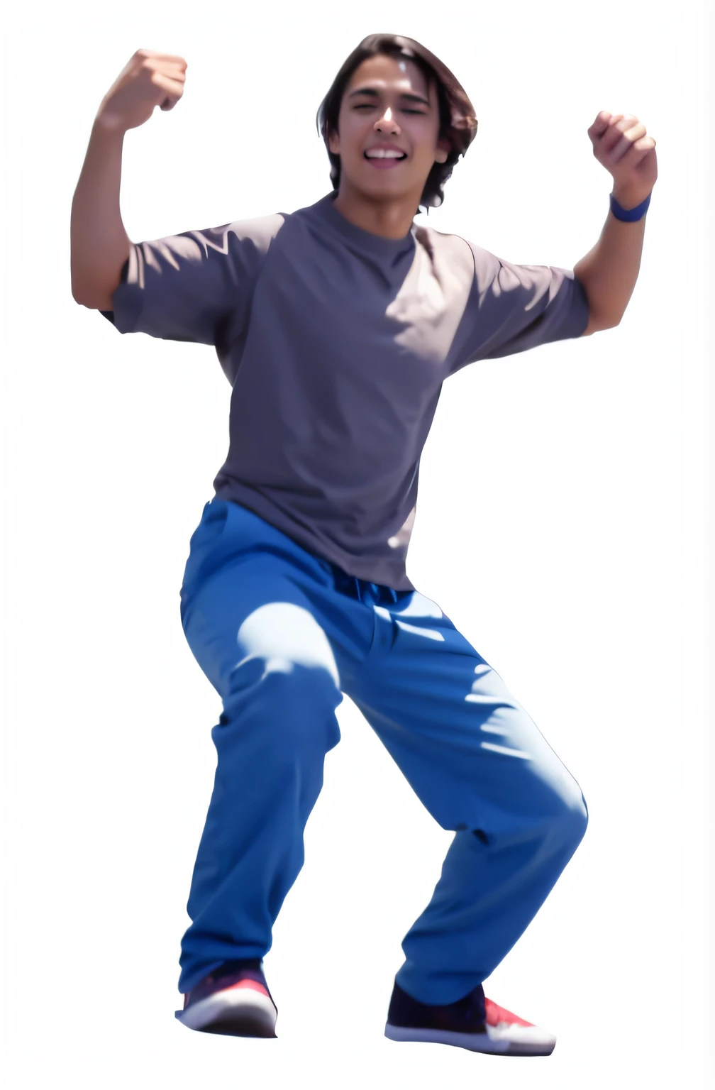 Arafed boy in gray shirt and blue jeans, in an action pose, He's in a fighter's pose, man standing in defensive pose, jumping towards viewer, leaping with arms up, dynamic moving pose, Pose de salto, Full body with dynamic Pose, pulando de alegria, em uma pose de flutuador de salto, Dando um chute, Saltando para o espectador, jovem de 17 anos,