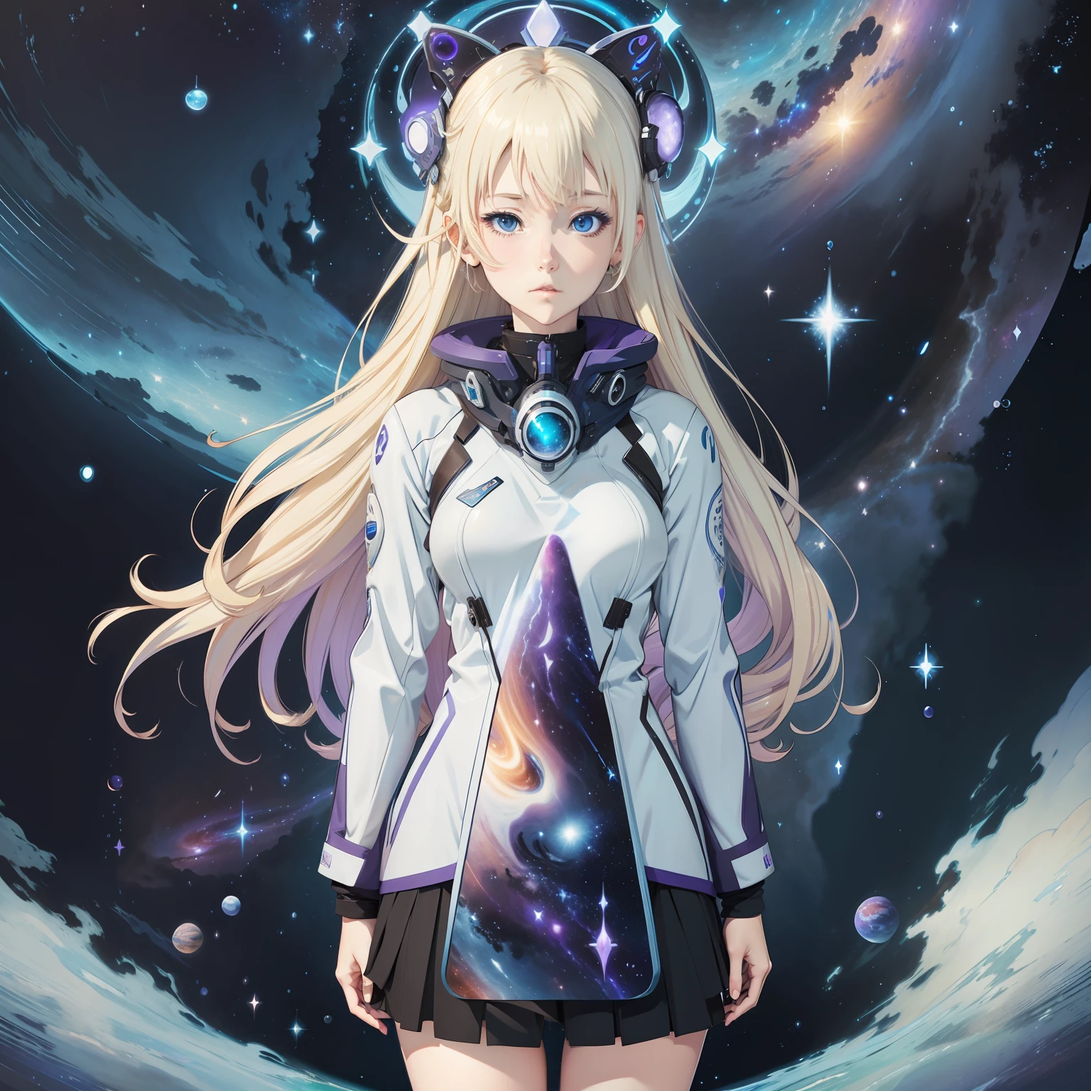 Light blonde haired anime girl with pale bluish violet colored eyes in an aquarium of blue planets,stars galaxies, nebulas standing alone by herself