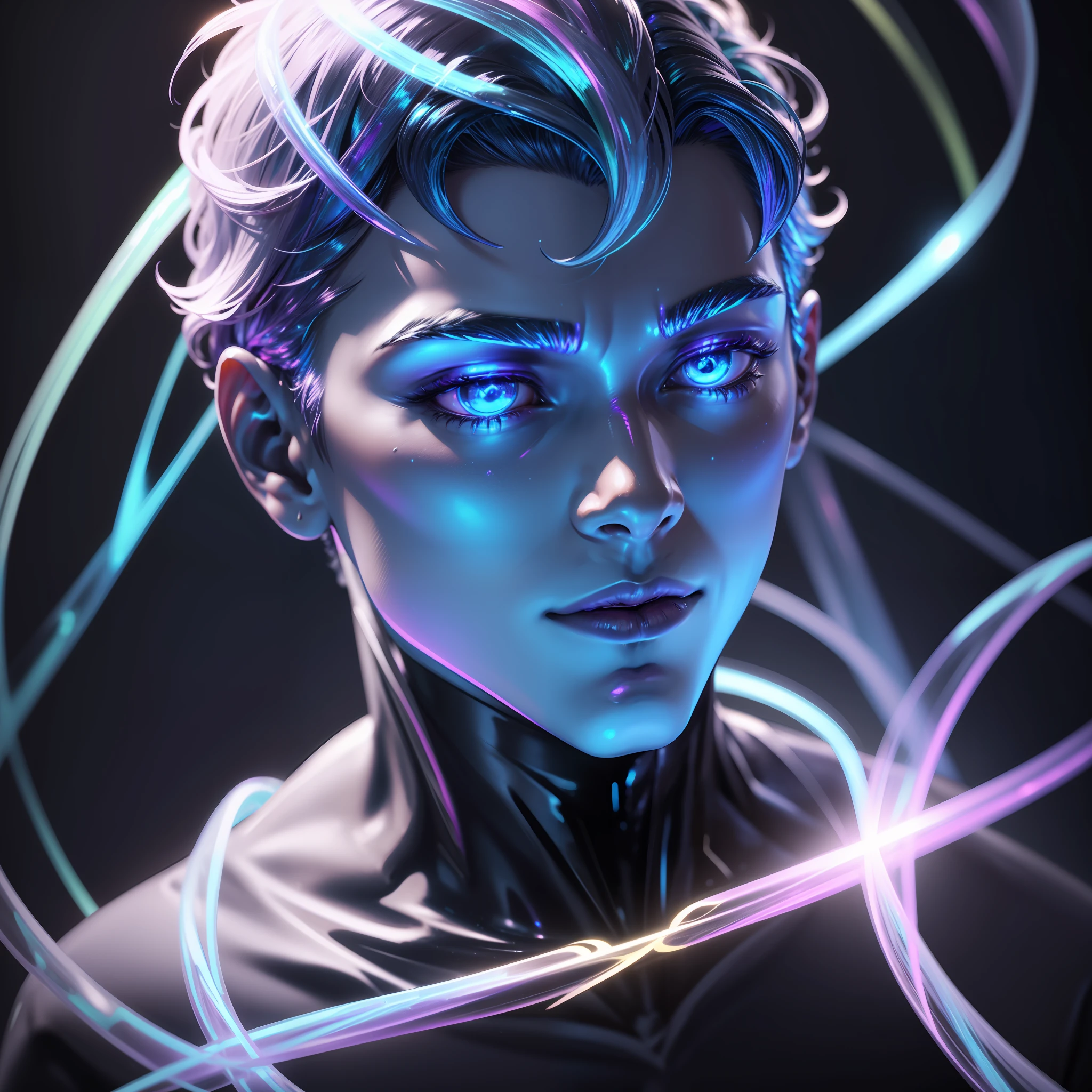8k render of a glowing reflective iridescent male marble bust, glowing, dark hues, 8k. iridescent. very iridescent. trending on behance. iridescent reflectivity
