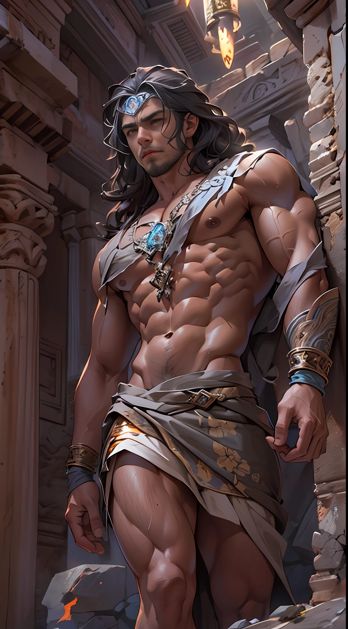 Ripped hero, shirtless upper body, legs revealed from thighs to feet, cascading long curls, intricate muscular details, photorealistic artwork, 4K resolution. Background: Mystic ancient ruins with glowing symbols,32k uhd, best quality, masterpiece, super detail, high details