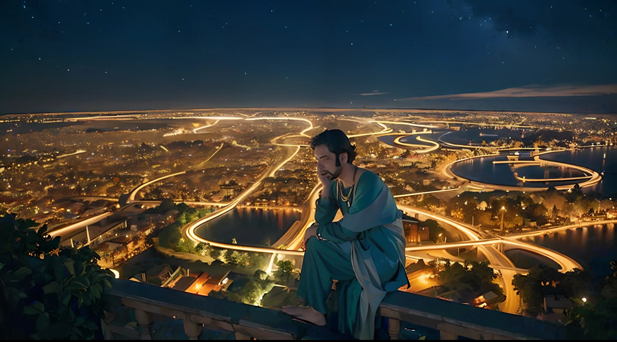 Homem velho, com vestimenta social, sentado em um banco muito triste e pensativo, a noite, em baixo uma arvore velha , In the background you can see the city illuminated at night, (8k, foto RAW, melhor qualidade, obra-prima: 1.2)