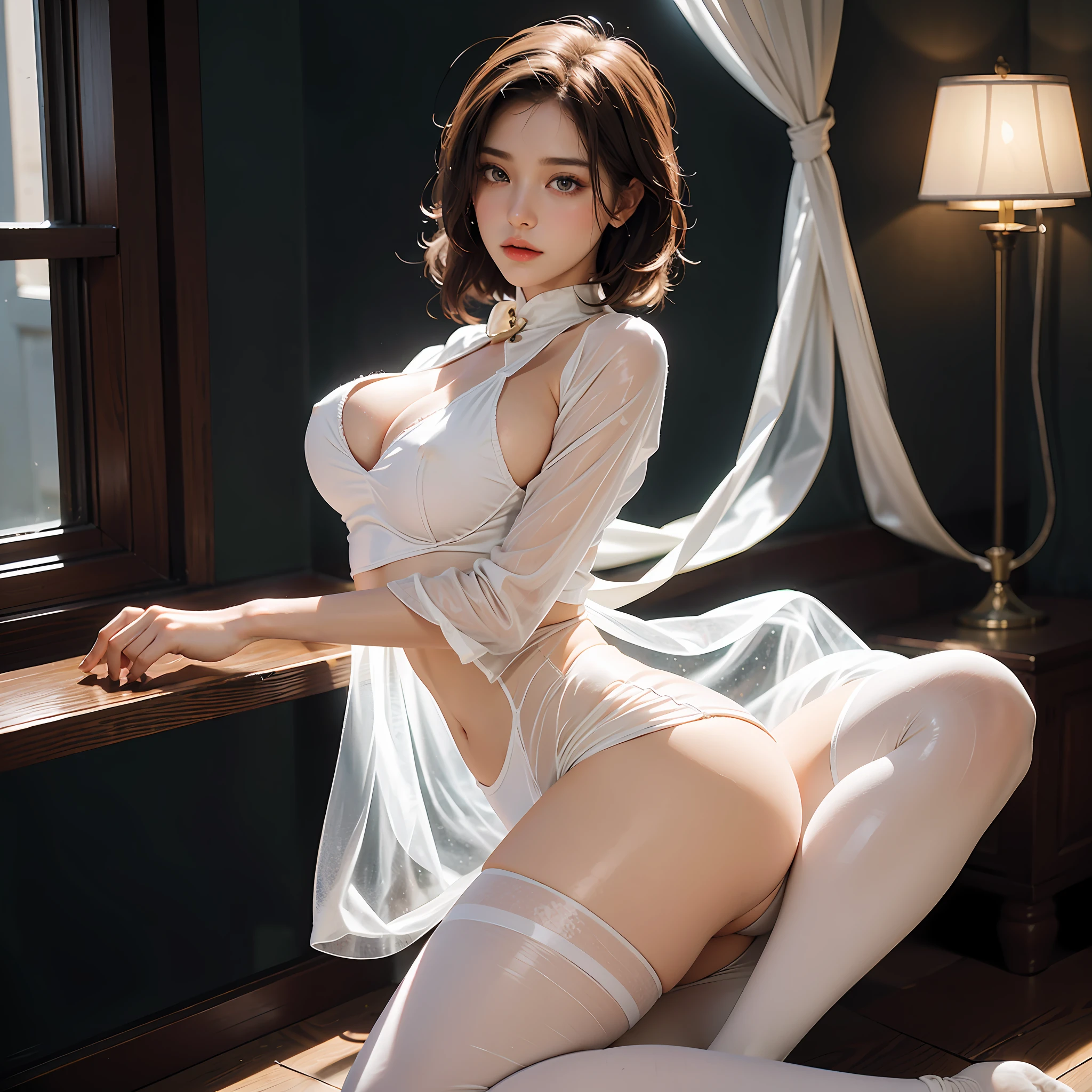Brunette woman posing for photo in white translucent tights, Sexy outfit, Very sexy white translucent clothing, Naked translucent white clothes, Open translucent white shirt, Translucent white shirt,Translucent shirt,posing elegantly, semi - realistic render, photorealistic perfect body, Oily smooth skin,perfectly shaded body,Peach blossom eyes,Very charming eyes,Soul-hooking eyes, Disgruntled eyes, elegant render, Open V chest clothes, attractive feminine curves, realistic shadow perfect body, Sexy look,Spread your legs apart,A dark shadow between the legs,Place one hand on your chest,Place your other hand on your leg,Stuffy sitting on the windowsill,Dim light,The areola looms,Nipples loom