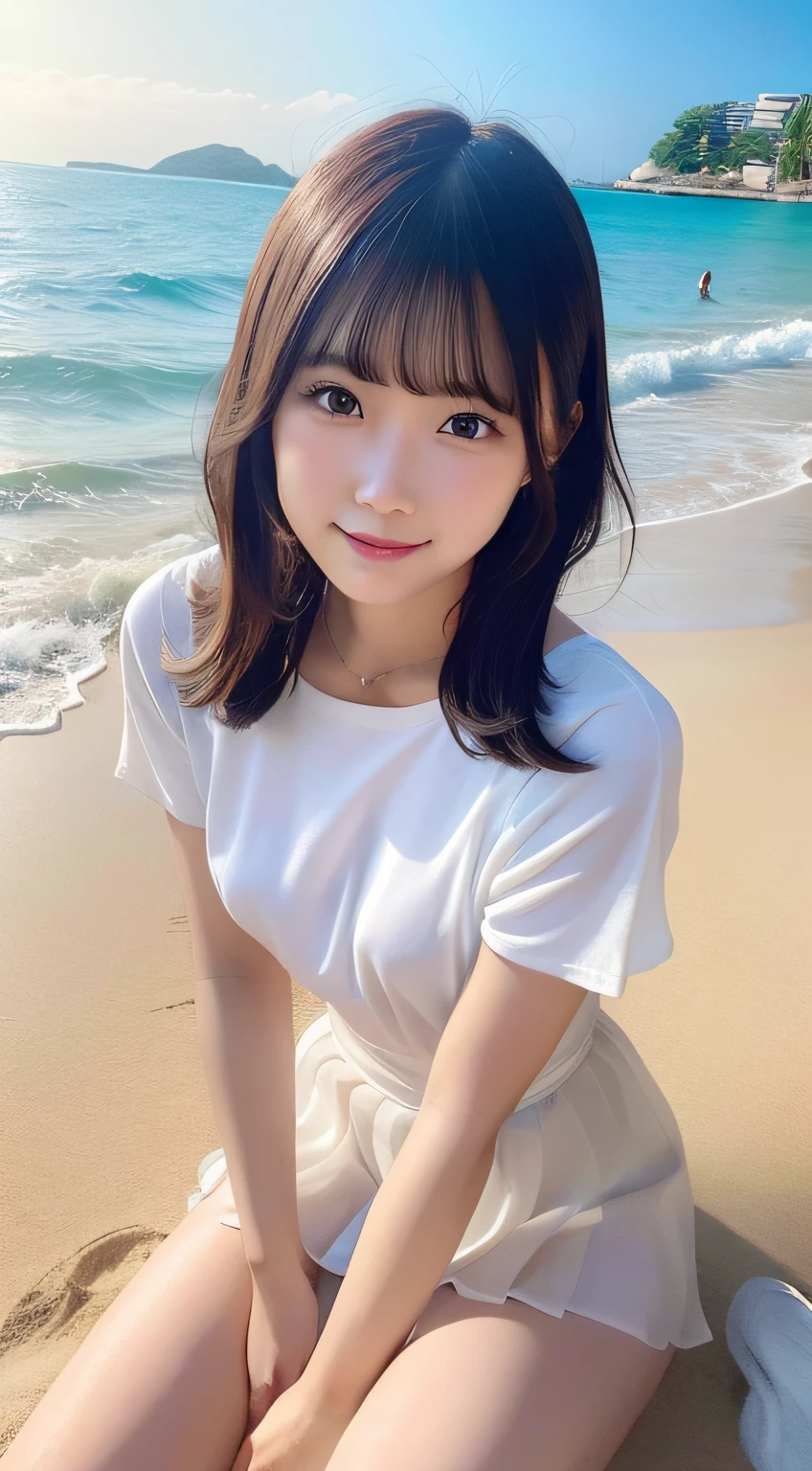 photorealisim, Young japanese lady,(Face the camera directly), Alone,Perfect smile, Beautiful dark eyes, Beautiful skins, cabelos preto e longos,Realistic beautiful girl full body portrait, 16 years old,Wearing a T-shirt,a miniskirt, de pele branca, Fantastic face, beautiful look, playing in the water, 8k resolution concept art portrait, Pure white sandy beach at midsummer noon,gentle waves,Dipped in water up to the heels,Pulp Adventure Style, fluid acrylic, Dynamic gradients, Vivid Color, illustratio, Highly detailed vector curves, It features a simple, Vector art, sleeoing, Character Design, 3D Shading, Cinematic, ornate pattern, elegant organic framing, Hyper-Realism, Posterized, Collection of masterpieces,bright colour, Reallife Human,