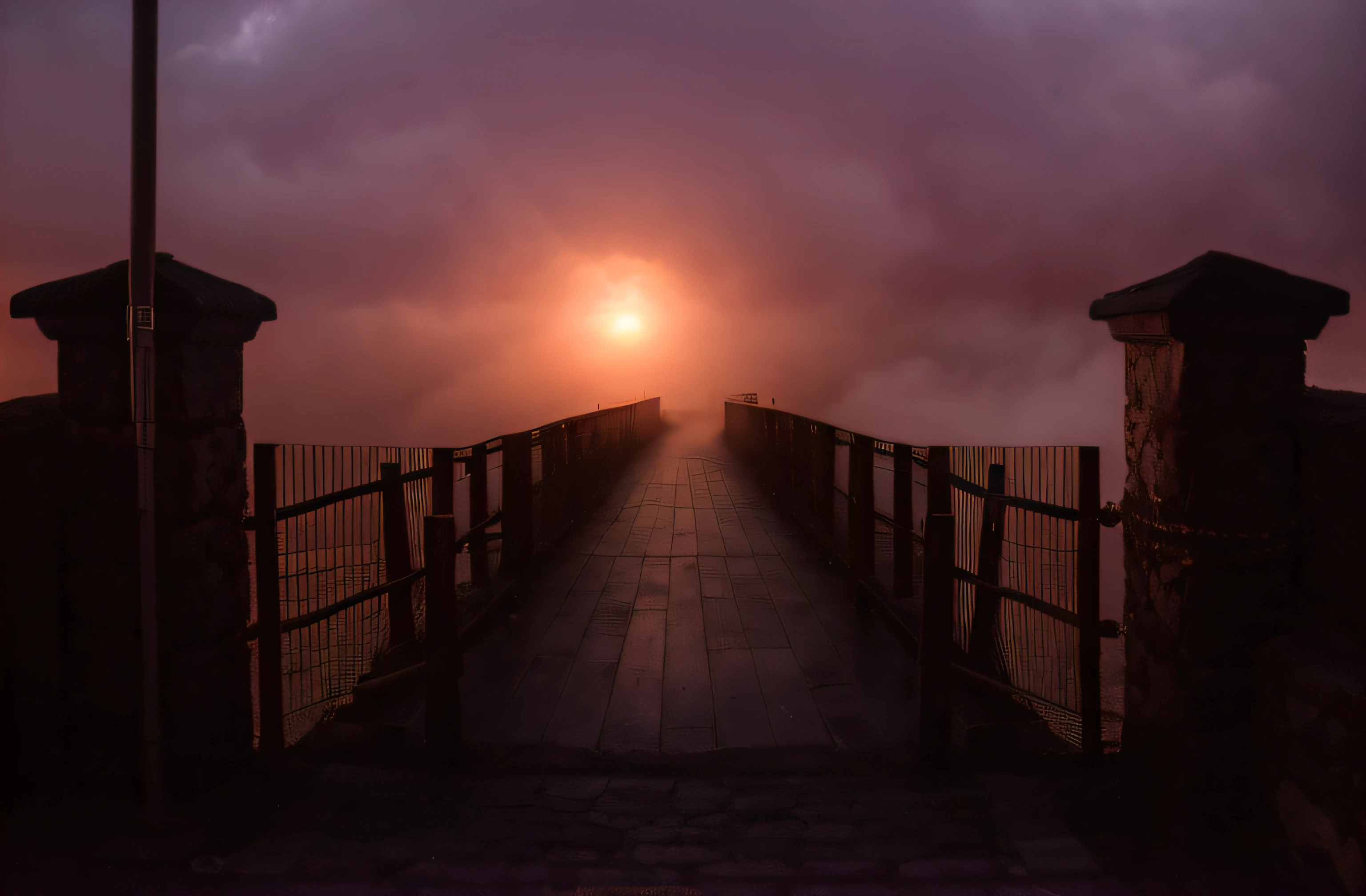 an onld gothic mansion on a hill in the background, foggy sky, mystical setting, mystical orange fog, foggy photo 8 k