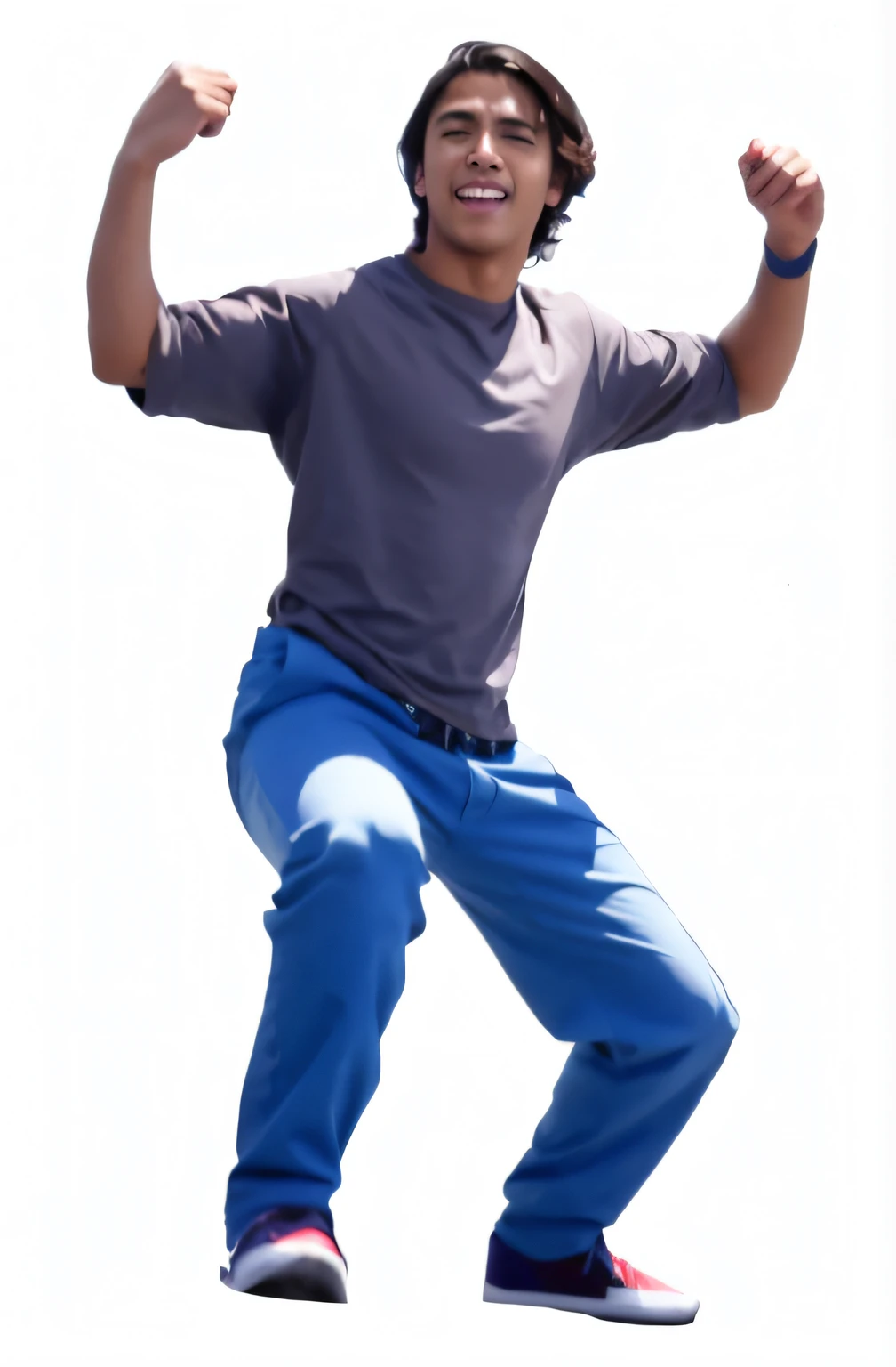Arafed em camisa cinza e jeans azul, in an action pose, He's in a fighter's pose, man standing in defensive pose, jumping towards viewer, leaping with arms up, dynamic moving pose, Pose de salto, Full body with dynamic Pose, pulando de alegria, em uma pose de flutuador de salto, Dando um chute, Saltando para o espectador, jovem de 17 anoos olhos abertos