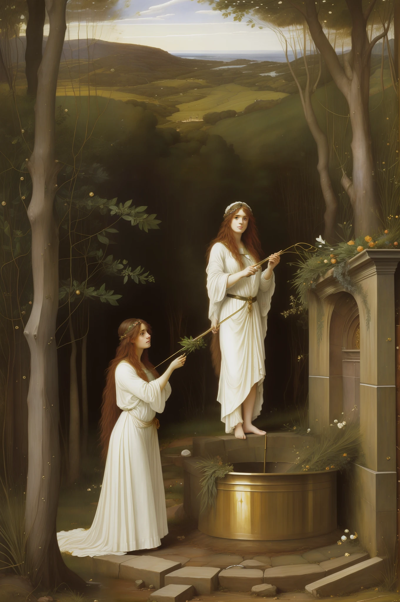 (((Pre Raphaelie Painting))) White-robed Celtic druid harvests herbs with golden sickle at the edge of a sacred well, samambaias, cabelos brancos, medic, curandeiro