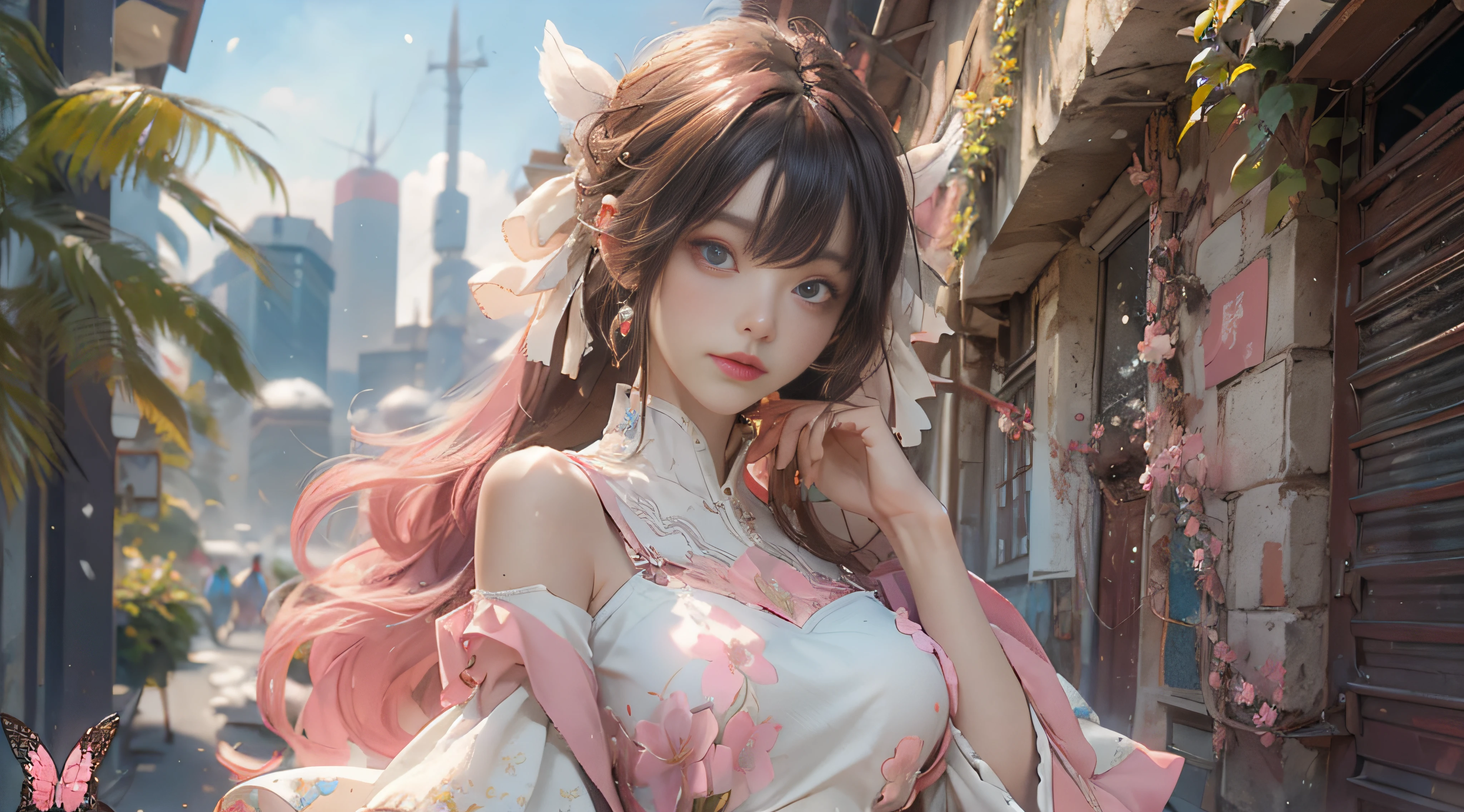 ((best qualtiy)), ((tmasterpiece)), (detail:1.4), Beautiful cyberpunk female images,hdr(HighDynamicRange),Ray traching,NVIDIA RTX,Hyper-Resolution,illusory 5,sub surface scattering,PBR textures,post-proces,Anisotropy Filtering,depth of fields,maximum definition and sharpness,Many-Layer Textures,Albedo e mapas Speculares,Surface coloring,Mitsu-Accurate simulation of material interactions,perfectly proportioned,rendering by octane,Two-colored light,largeaperture,Low ISO,White balance,Rule three points、8K raw data、Beautiful bright blue pupils,off-the-shoulder clothes,Fine pupils,Delicate face and eyes,long eyelasher,Blushlush,Delicate and fluffy hair,pink lip,Pure,Cute face,Sweet girl,Artistic sense,Casual wear,Advancedsense,butterflys,Cherry blossom petal,Beautiful hair accessories,Long hair and waist,Hair fluttering in the wind,Snow-white fox ears,curlies