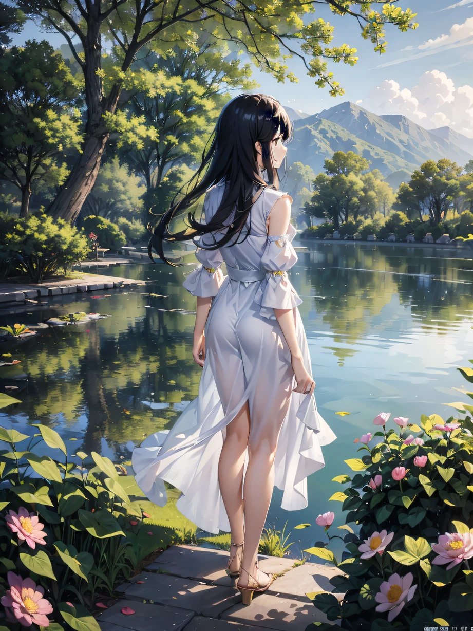 ，Masterpiece, Best quality，8K, 超高分辨率，In a peaceful valley，The blue sky covers the whole picture。The morning sun shines on the earth through the sparse foliage，Mottled light and shadow are formed。A young girl in a long white dress，Standing by the lake，Her long hair is flowing with the wind，A slight golden glow。She holds a blooming blue lotus flower in her hand，The dew on the blue flowers shimmers with a crystal sheen。The lake is as calm as a mirror，Reflects the silhouette of the girl，The whole scene exudes a peaceful and peaceful beauty。