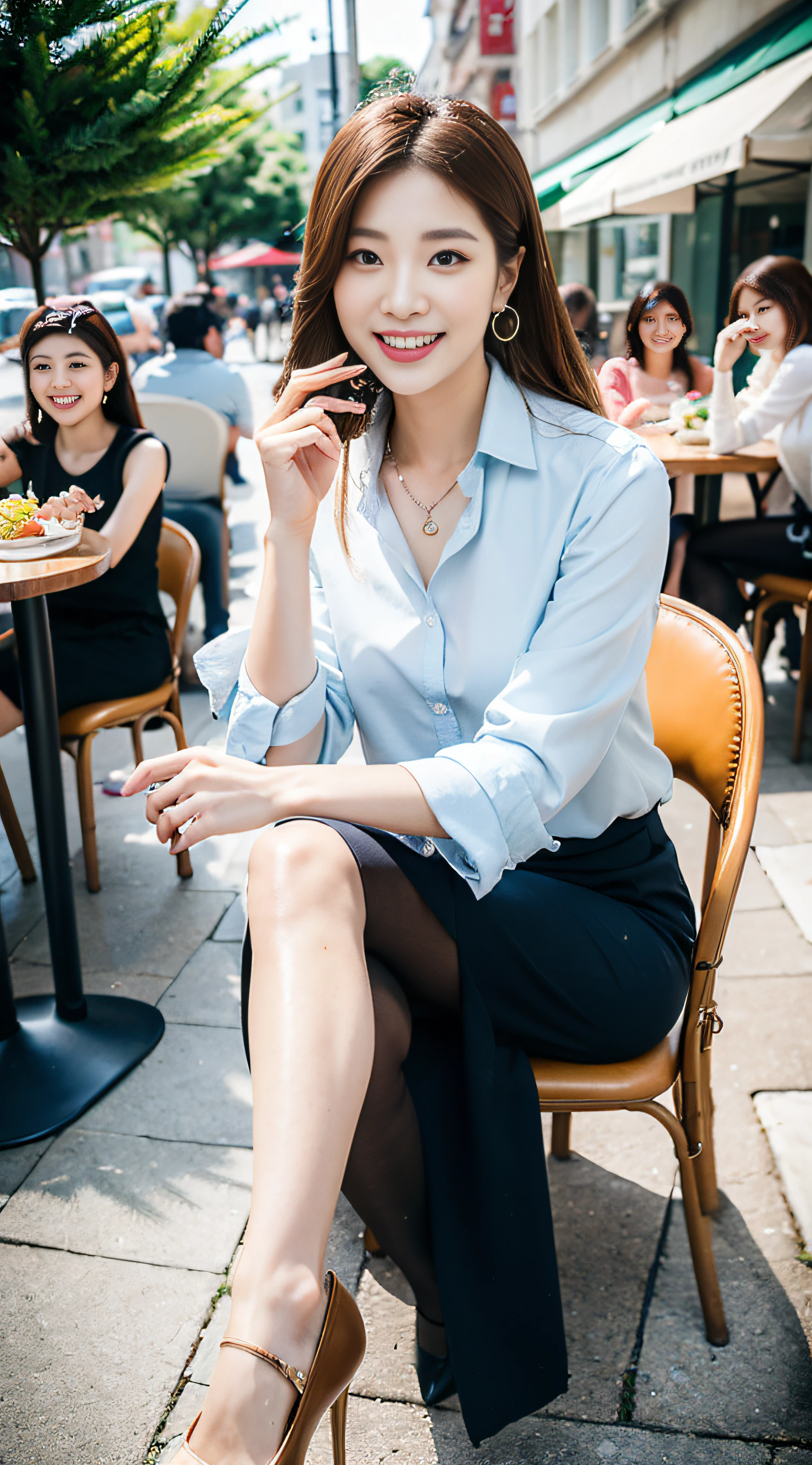Sophisticated、masterpiece、beautiful detail、Colorful and fine details、Delicate lips、intricate detailes、One Woman、(Beautiful 25 year old cute Korean woman:1.1)、(Kpop Idol、Mixed Korean)、(24mm Sigma F / 1.4 lens、F1.4、1 / 800 sec、ISO 100、a picture:1.1)、(poneyTail+brown haired:1.2)、(Photorealsitic:1.4)、(Spy:1.2)、(The shirt、a miniskirt、pantyhose: 1.4)、耳Nipple Ring、a necklace、Beautiful woman sitting on chair with food and drink plate、crossedlegs、Very beautiful slim legs、Sidewalk Cafe、lensflare、(Happy smiling face:1.1)、dynamicposes、(makeups:1.3)