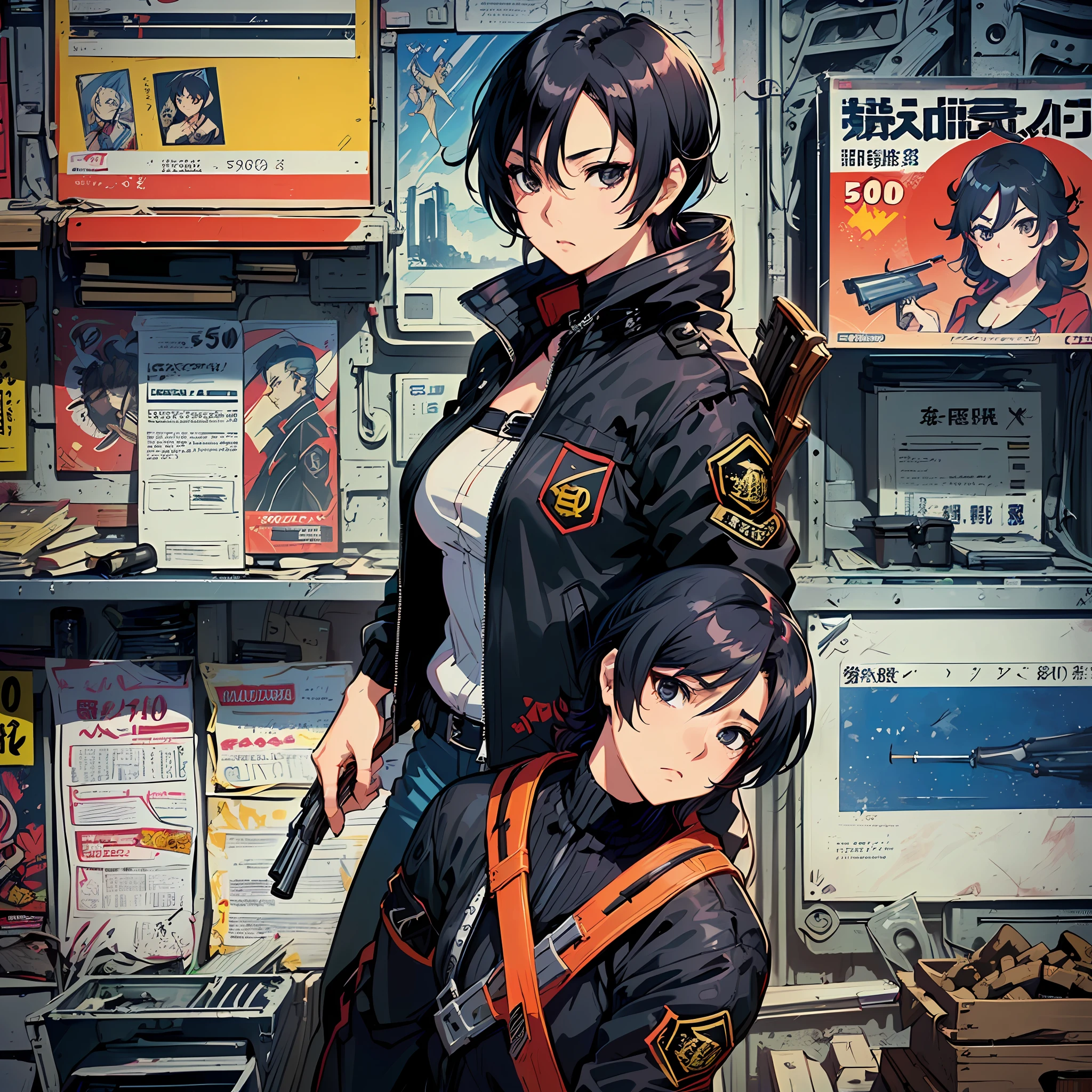 ((create very precision):1.5) An anime character ((Michiko Malandro, is a 50 years old  independent and strong woman):1.4), full take, ((using a black jacket and carrying a shotgun):1.5), solo, (1 character:1.5) Comic book --auto --s2