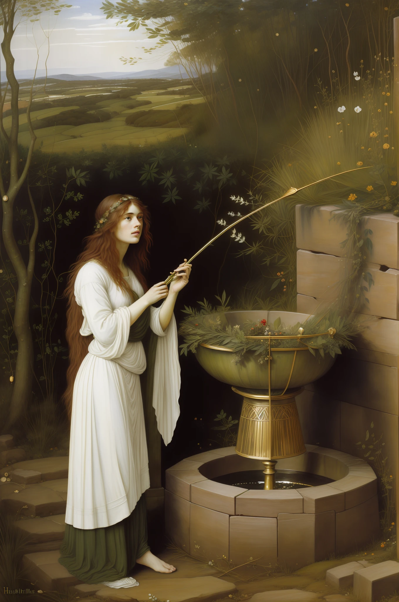 (((Pre Raphaelie Painting))) White-robed Celtic druid harvests herbs with golden sickle at the edge of a sacred well, samambaias, cabelos brancos, medic, curandeiro