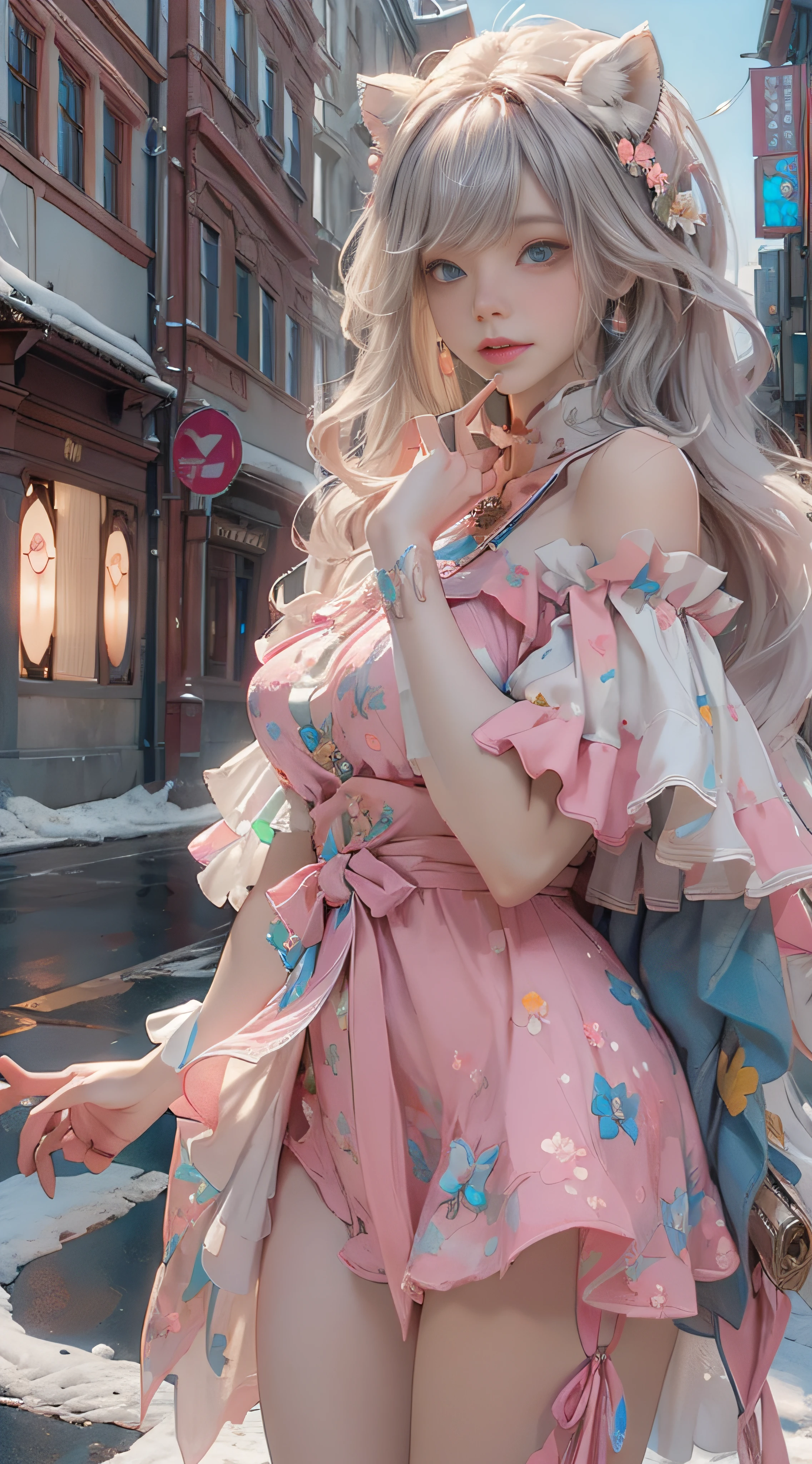 （（best qualtiy））， （（tmasterpiece））， （detail：1.4）， Beautiful cyberpunk female images，hdr（HighDynamicRange），Ray traching，NVIDIA RTX，Hyper-Resolution，illusory 5，sub surface scattering，PBR textures，post-proces，Anisotropy Filtering，depth of fields，maximum definition and sharpness，Many-Layer Textures，Albedo e mapas Speculares，Surface coloring，Mitsu-Accurate simulation of material interactions，perfectly proportioned，rendering by octane，Two-colored light，largeaperture，Low ISO，White balance，Rule three points、8K raw data、Beautiful bright blue pupils，off-the-shoulder clothes，Fine pupils，Delicate face and eyes，long eyelasher，Blushlush，Delicate and fluffy hair，pink lip，Pure，Cute face，Sweet girl，Artistic sense，Casual wear，Advancedsense，butterflys，Cherry blossom petal，Beautiful hair accessories，Long hair and waist，Hair fluttering in the wind，Snow-white fox ears，curlies，Snow-white fluffy tail