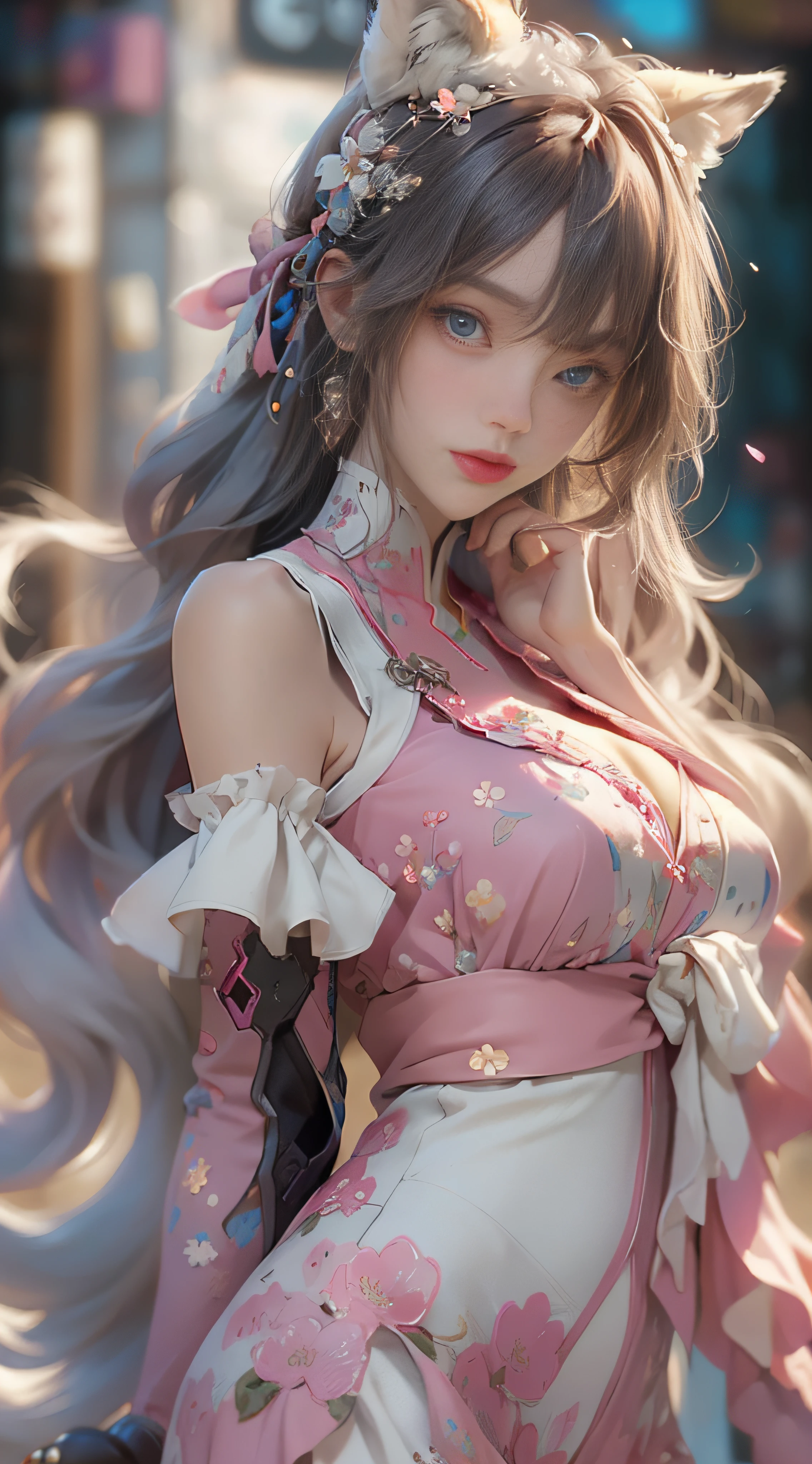 （（best qualtiy））， （（tmasterpiece））， （detail：1.4）， Beautiful cyberpunk female images，hdr（HighDynamicRange），Ray traching，NVIDIA RTX，Hyper-Resolution，illusory 5，sub surface scattering，PBR textures，post-proces，Anisotropy Filtering，depth of fields，maximum definition and sharpness，Many-Layer Textures，Albedo e mapas Speculares，Surface coloring，Mitsu-Accurate simulation of material interactions，perfectly proportioned，rendering by octane，Two-colored light，largeaperture，Low ISO，White balance，Rule three points、8K raw data、Beautiful bright blue pupils，off-the-shoulder clothes，Fine pupils，Delicate face and eyes，long eyelasher，Blushlush，Delicate and fluffy hair，pink lip，Pure，Cute face，Sweet girl，Artistic sense，Casual wear，Advancedsense，butterflys，Cherry blossom petal，Beautiful hair accessories，Long hair and waist，Hair fluttering in the wind，Snow-white fox ears，curlies