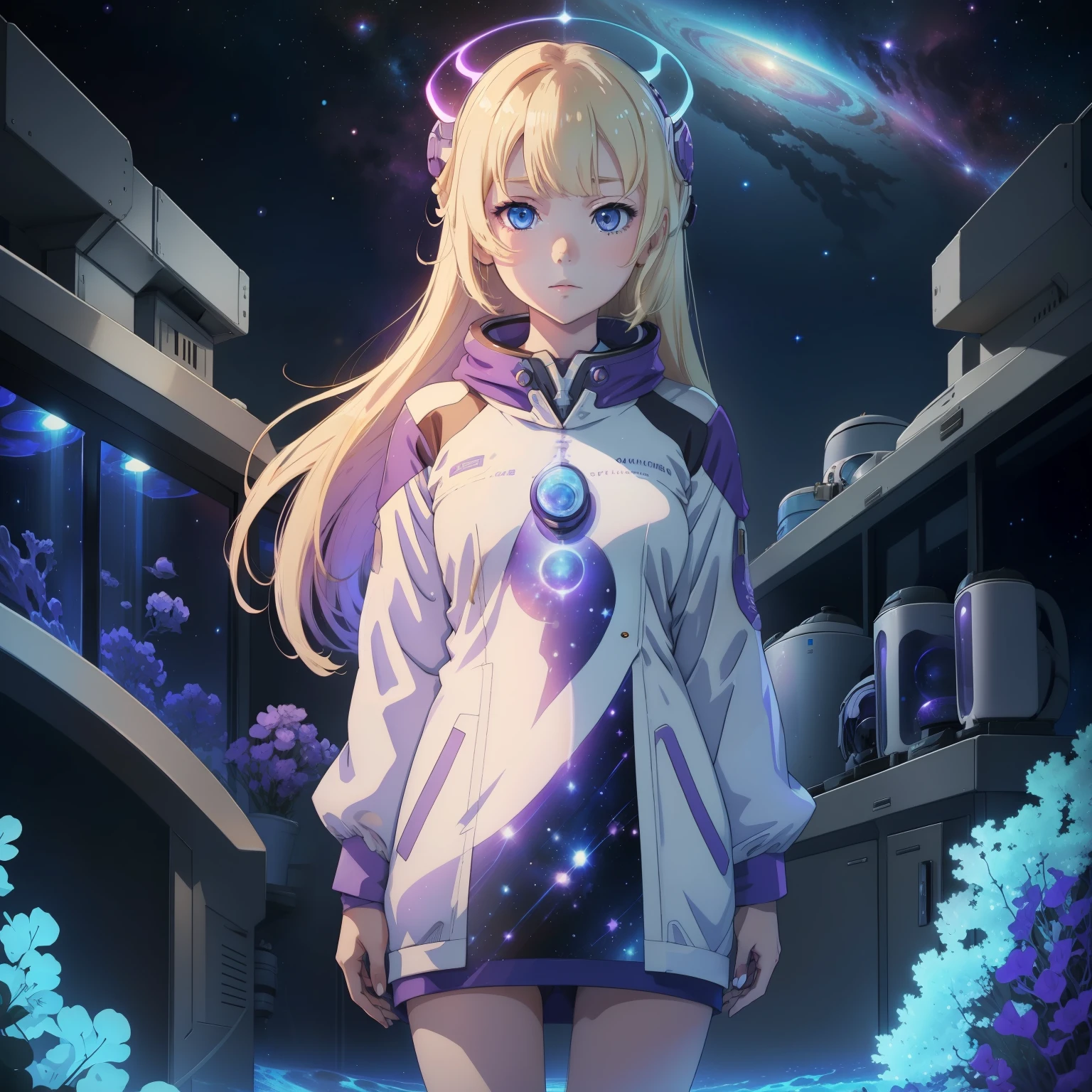 Light blonde haired anime girl with pale bluish violet colored eyes in an aquarium of blue planets,stars galaxies, nebulas standing alone by herself
