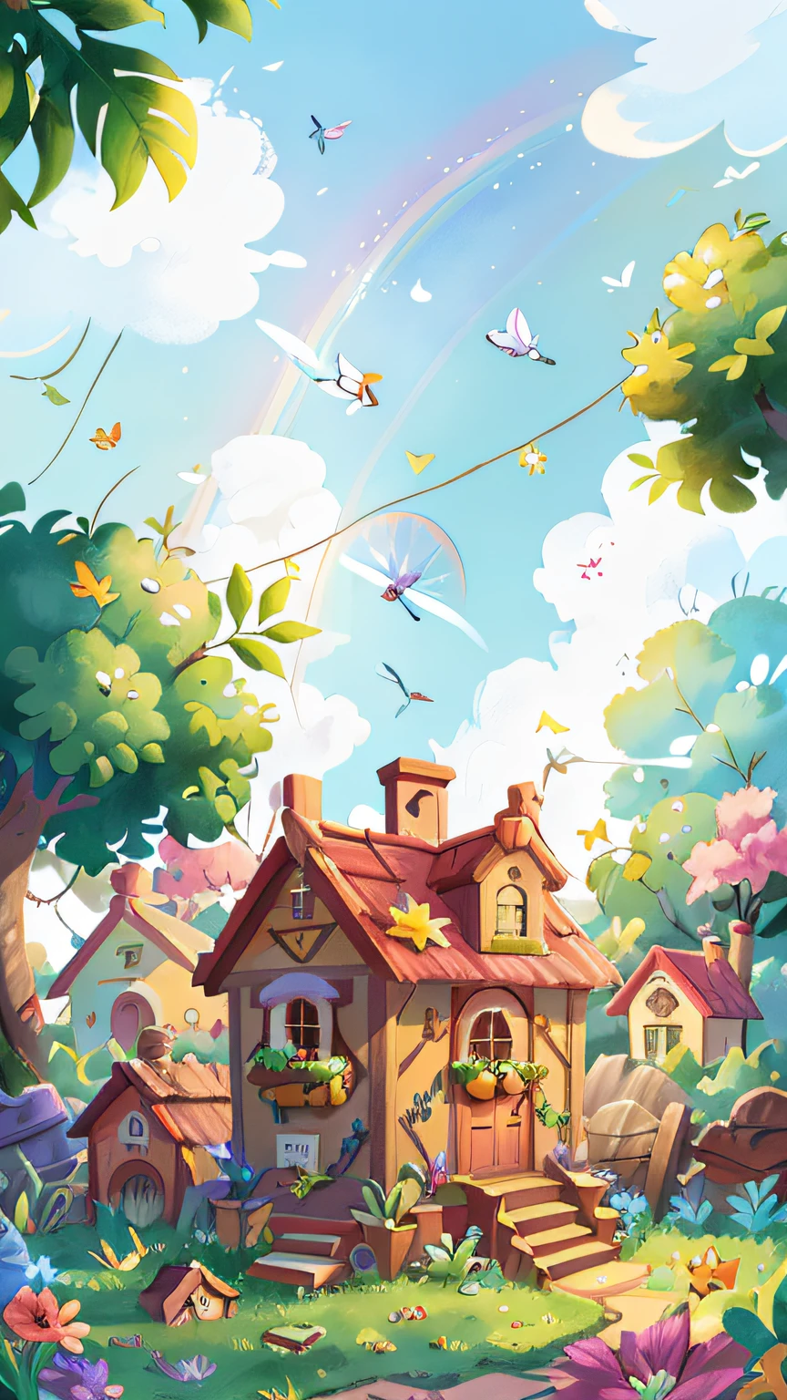 a treasure chest in the backyard, A rainbow in the sky, birds flying, qualidade perfeita, foco claro (mess - house: 0.8), (obra-prima: 1.2) (Realista: 1.2) (Bokeh) (Melhor qualidade) (Detalhes intrincados) (8K) (foco nítido)