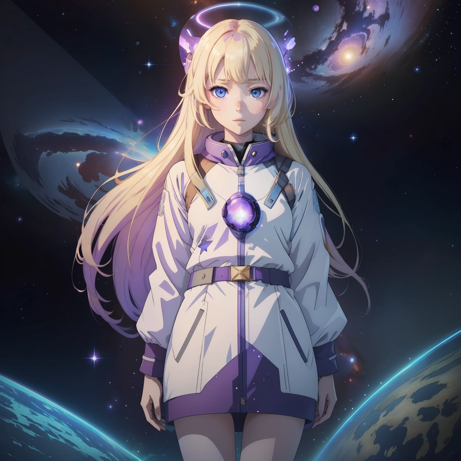 Light blonde haired anime girl with pale bluish violet colored eyes in an aquarium of blue planets,stars galaxies, nebulas standing alone by herself