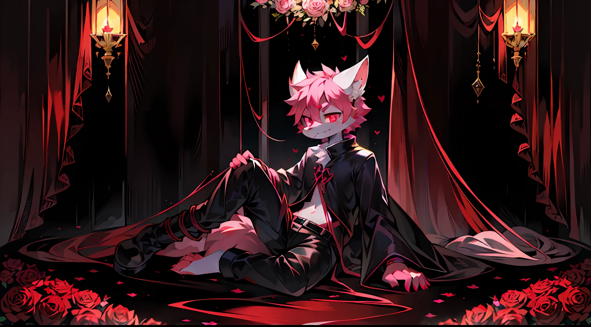 HighestQuali，A high resolution，High rendering accuracy，White fur，The upper half of the ears are pink，The inside of the ear is white，The neck is all pink，The hands are pink，The feet are pink，The tail is all pink，Pink eyes white，Red eyeballs，Black pupils，male，High cold，Sick，black toga，black long boots，Ghastly，blood vess，blood，Single，Fluffy tail，coyote，High Picture Quality，clear，detail-rich，Pink roses grow on the right eye，Wears a pink rosette on his head，burial site，Winding vines around the body