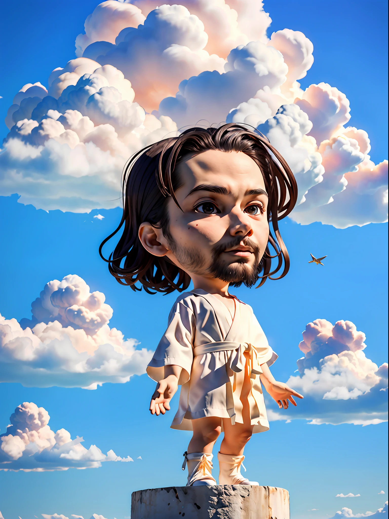(1man), solo, jewish, hair(black, messy, long-hair), beard, jesus, photo(close-up), wearing(long-toga), (FULL BODY, CHIBI), background(heaven, cloud), (blurry_background:1.5), (photorealistic, absurdres, best_quality:1.5),