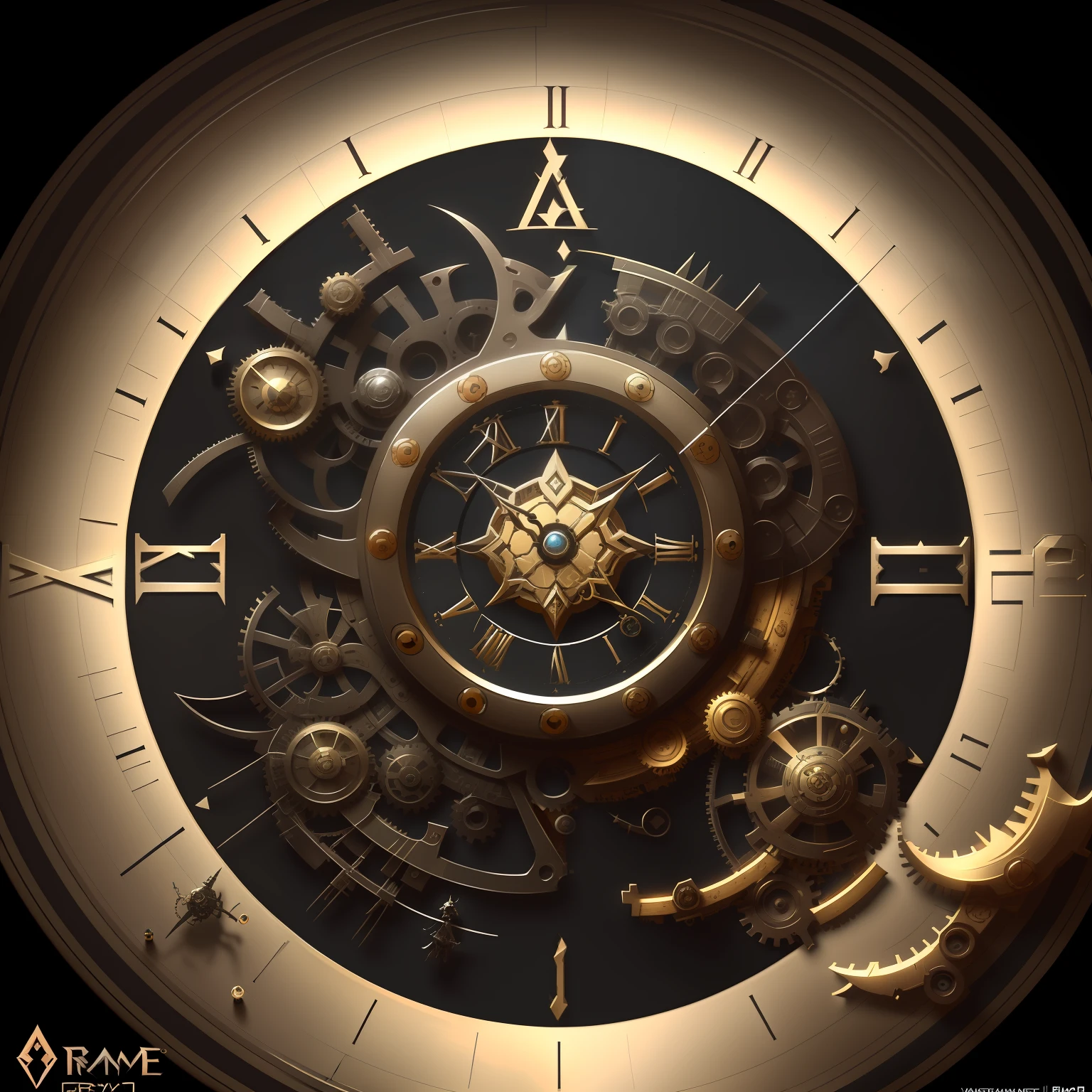Close-up clock face，Clock pattern+In steampunk style, Mysterious machinery，symmetric concept art，Detailed Warframe fanart，Grimour style，concept artwork，warframe concept art，Infinity Blade concept art，Official concept art，symetry！Gorgeous concept art illustration，Destiny concept art