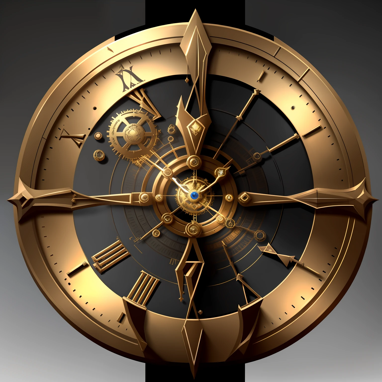 Close-up clock face，Clock pattern+In steampunk style, Mysterious machinery，symmetric concept art，Detailed Warframe fanart，Grimour style，concept artwork，warframe concept art，Infinity Blade concept art，Official concept art，symetry！Gorgeous concept art illustration，Destiny concept art