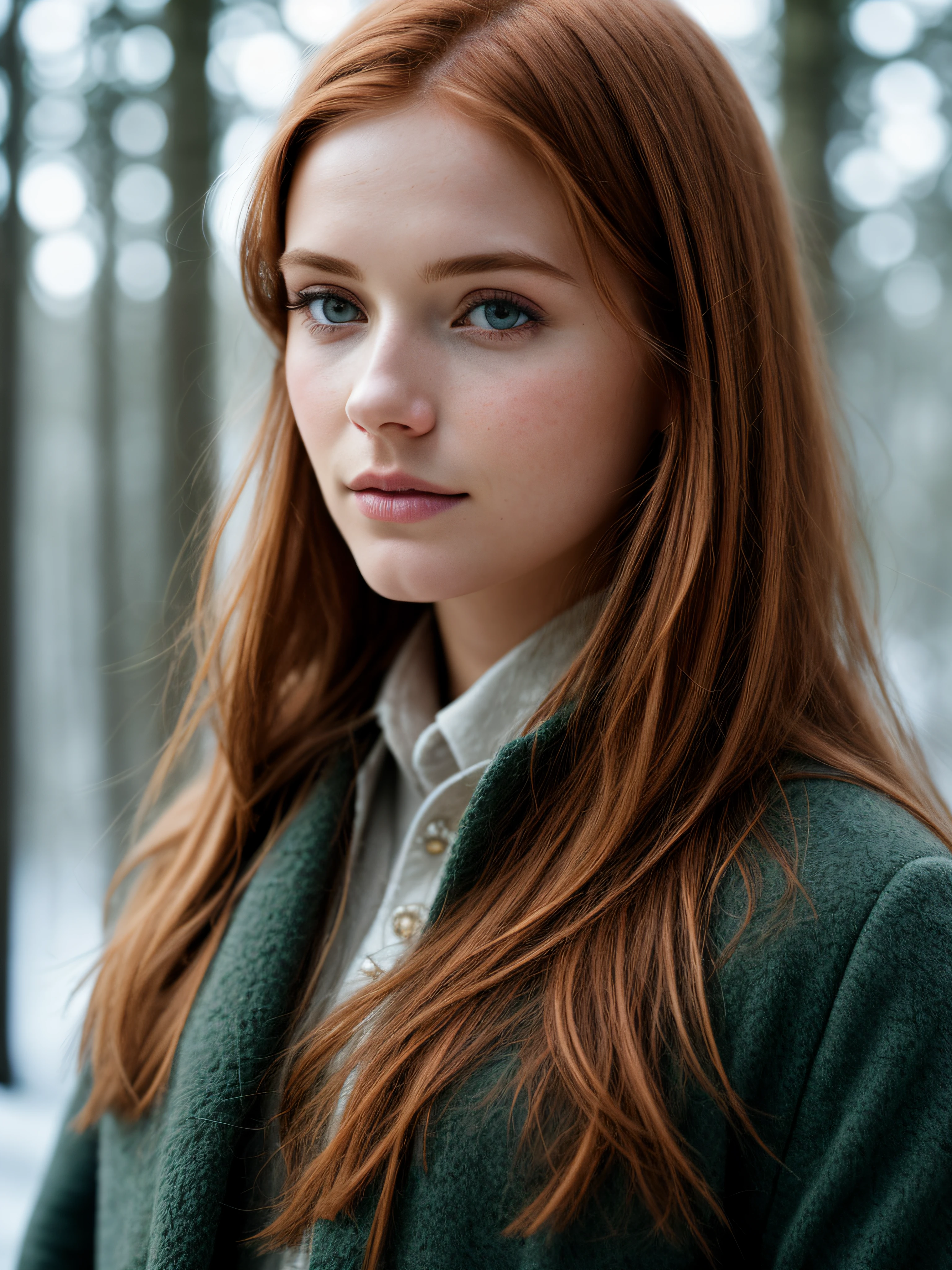 close up of a european woman, ginger hair, winter forest, natural skin texture, 24mm, 4k textures, soft cinematic light, RAW photo, photorealism, photorealistic, intricate, elegant, highly detailed, sharp focus, ((((cinematic look)))), soothing tones, insane details, intricate details, hyperdetailed, low contrast, soft cinematic light, dim colors, exposure blend, hdr, faded