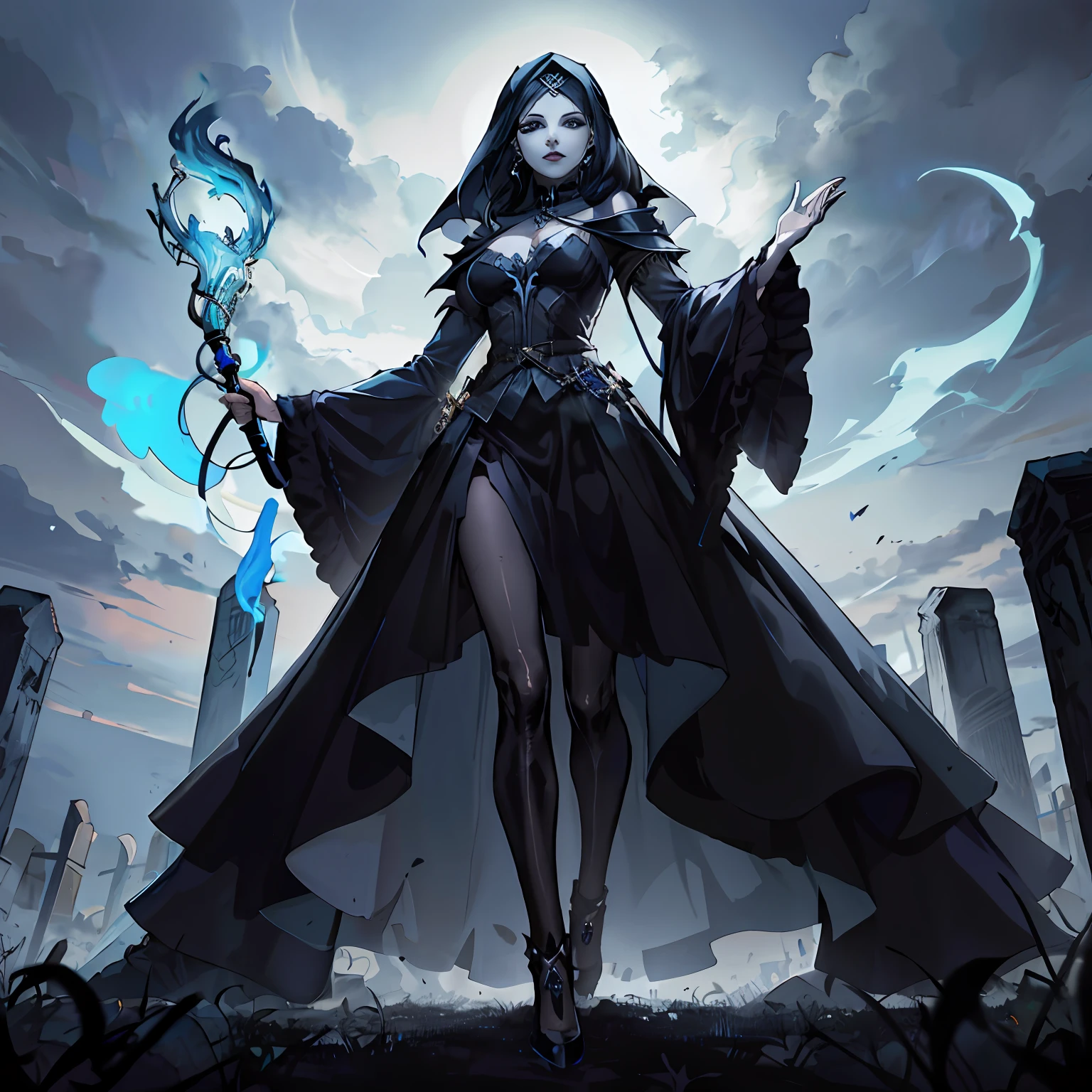 Blue colored arcane magic Ghostly Flames are coming from The hand of a beautiful necromancer