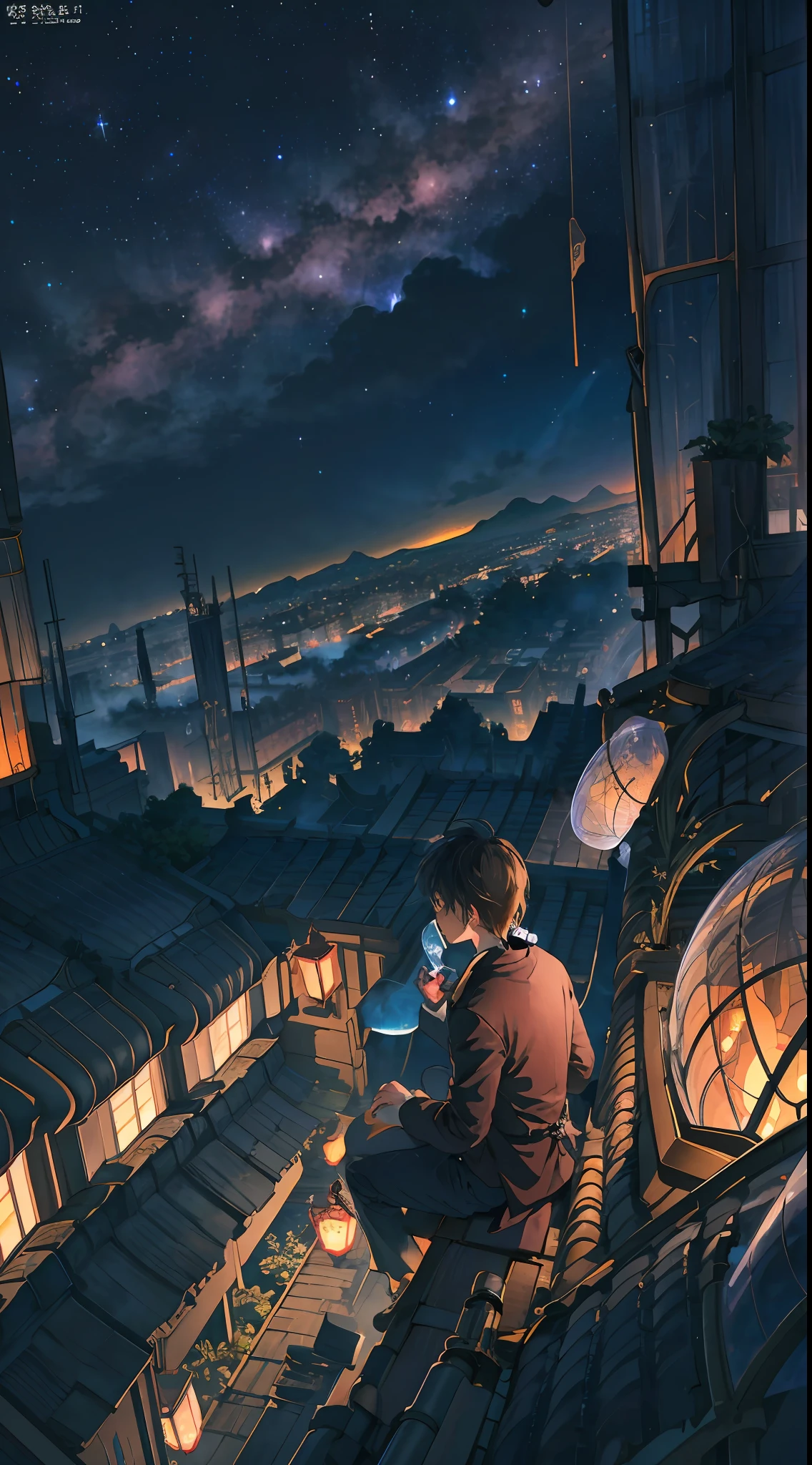 Best quality details，tmasterpiece，ultra-detailliert，detailed back ground，anime big breast，1 boys，Young boys，Short boy，scientific fiction，exteriors，the night，starrysky，glasshouse，megastructures，bio-dome，The landscape，scenecy，horizon，the roof，sitting on rooftop，ventania，view from long distance，Atmospheric lighting，Focus individually，closeup cleavage，Side angle，depth of fields，Background bokeh。