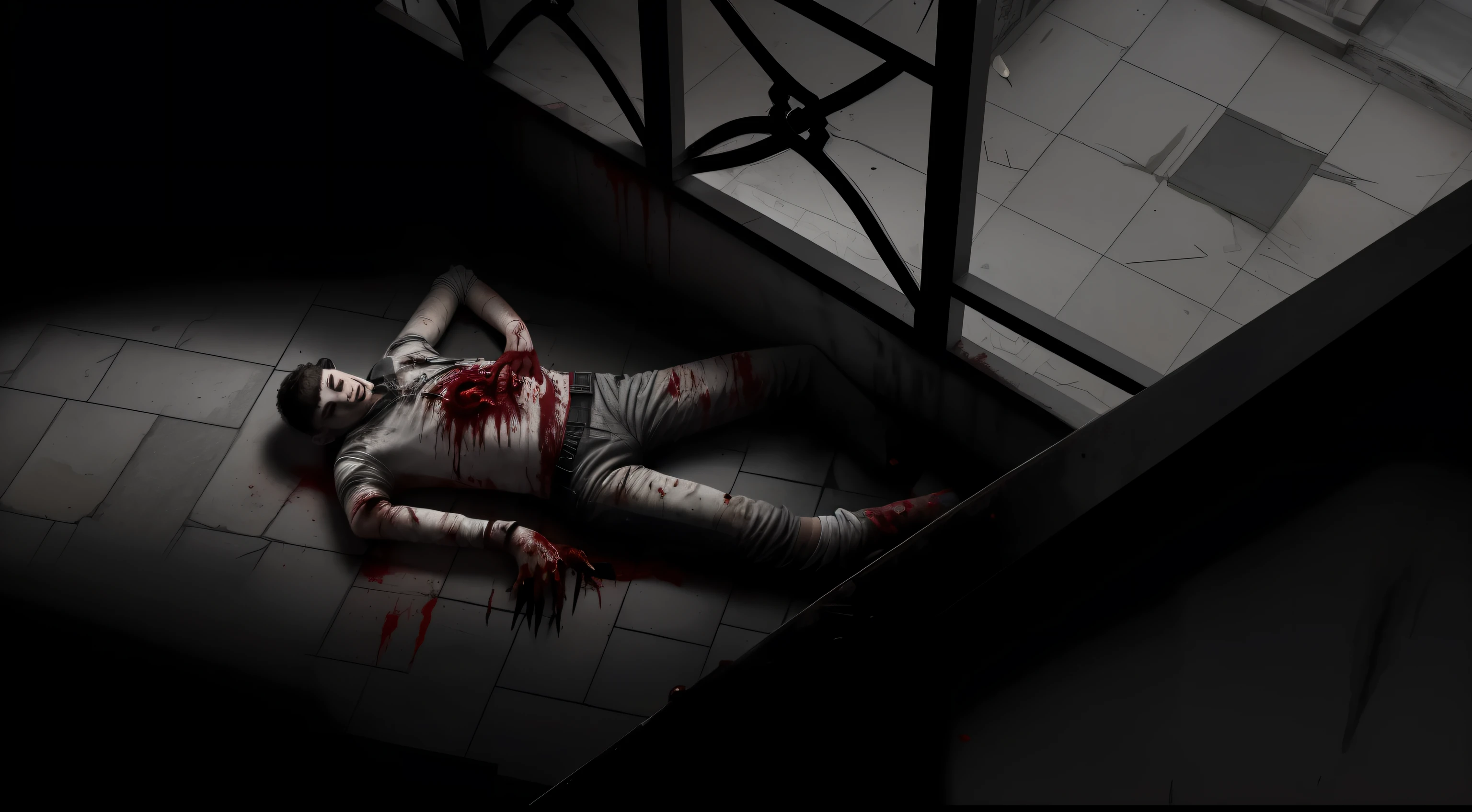 18 year old boy fallen from the terrace, morto, a lot of blood on the floor, dark, estilo terror, View from above, 8k, maximum detailed, alta qualidade