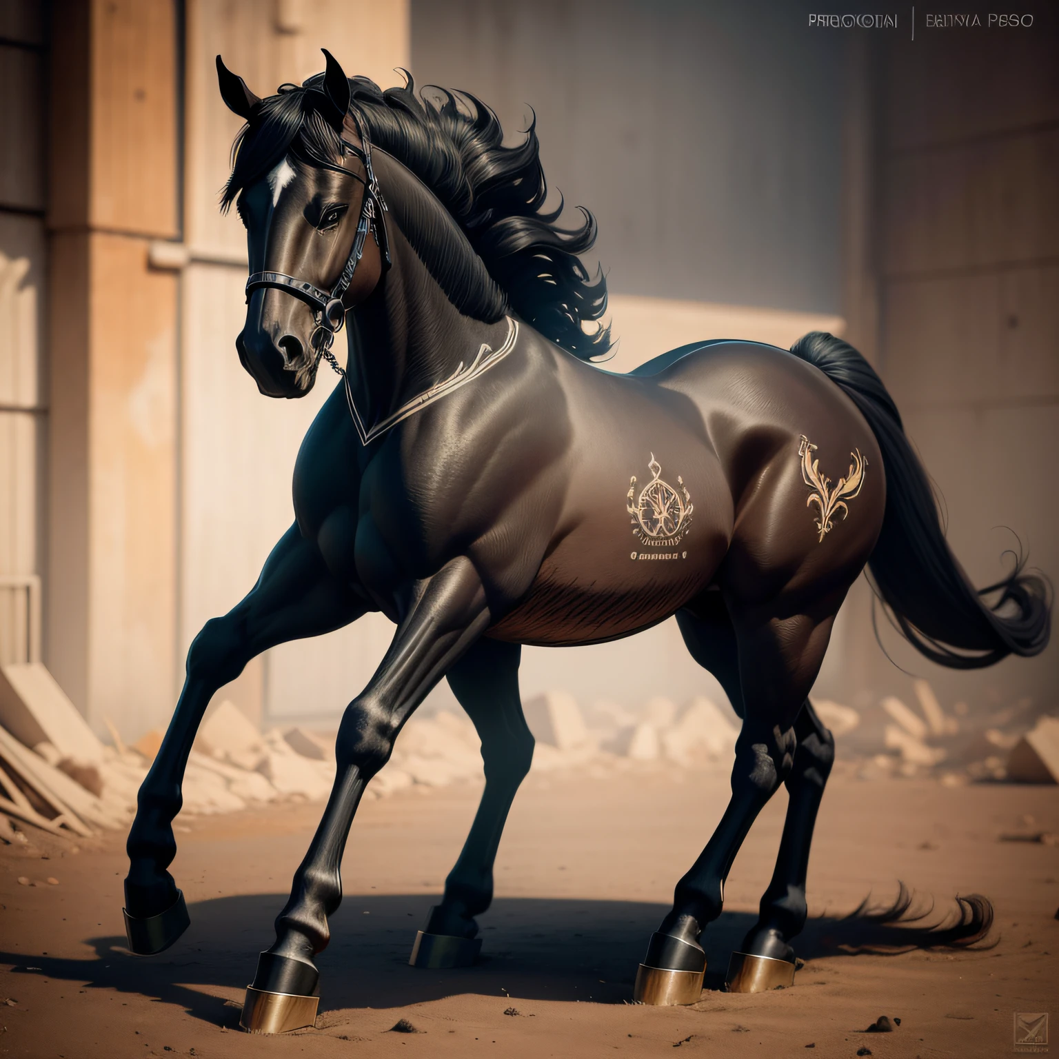 anatomically correct biomechanical horse, preto fosco, detalhes ultra realistas