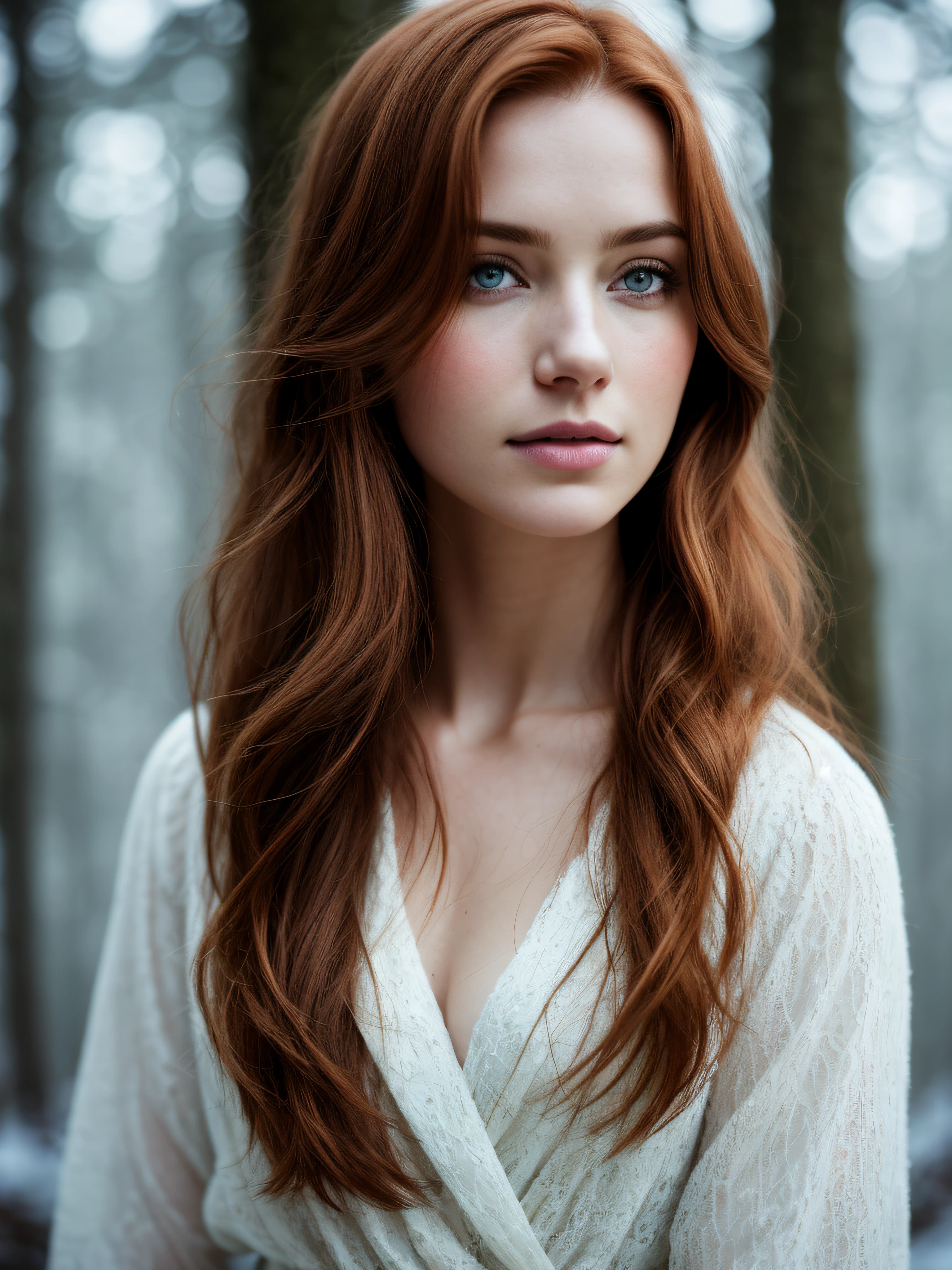 close up of a european woman, ginger hair, winter forest, natural skin texture, 24mm, 4k textures, soft cinematic light, RAW photo, photorealism, photorealistic, intricate, elegant, highly detailed, sharp focus, ((((cinematic look)))), soothing tones, insane details, intricate details, hyperdetailed, low contrast, soft cinematic light, dim colors, exposure blend, hdr, faded